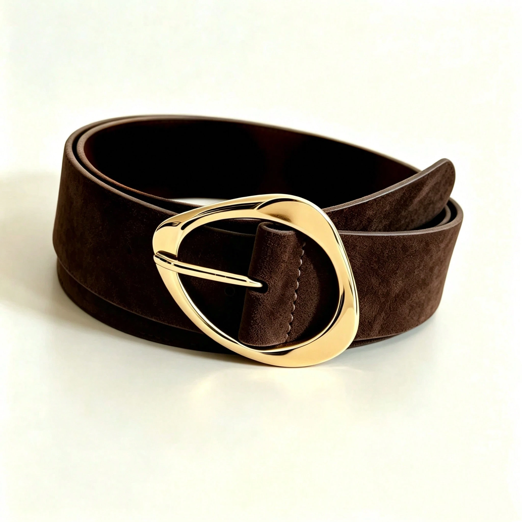 Ceinture fine pour femme en daim marron café avec boucle métallique, style décontracté — vue 11
