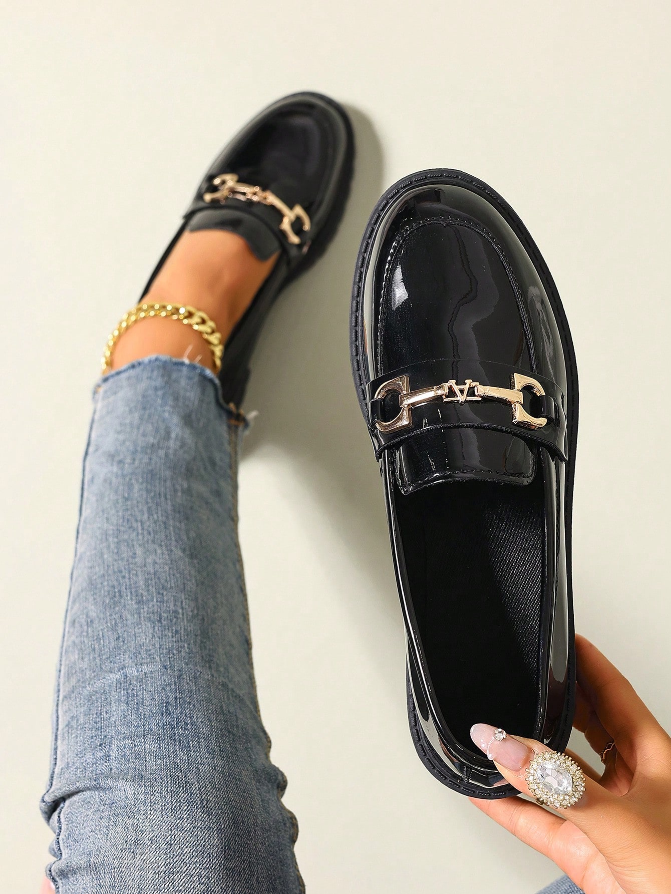 Chaussures mocassins style collégien brillant, légères et respirantes, à enfiler, à talon