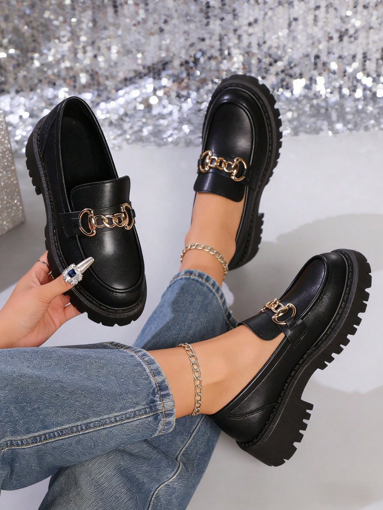 Mocassins noirs à semelle épaisse pour femmes, décoration de boucle métallique à la mode, — vue 8