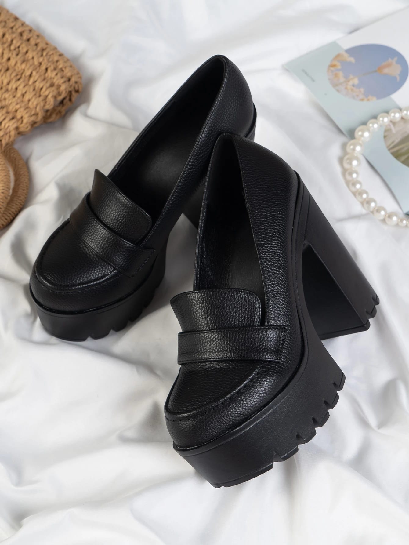 Derbies à talon compensé super hauts avec motif gaufré de litchi, chaussures à talons