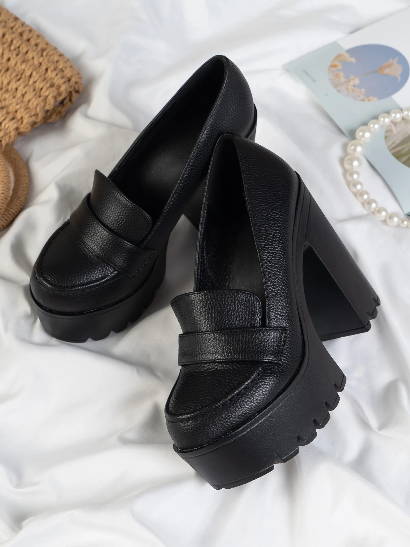 Derbies à talon compensé super hauts avec motif gaufré de litchi, chaussures à talons