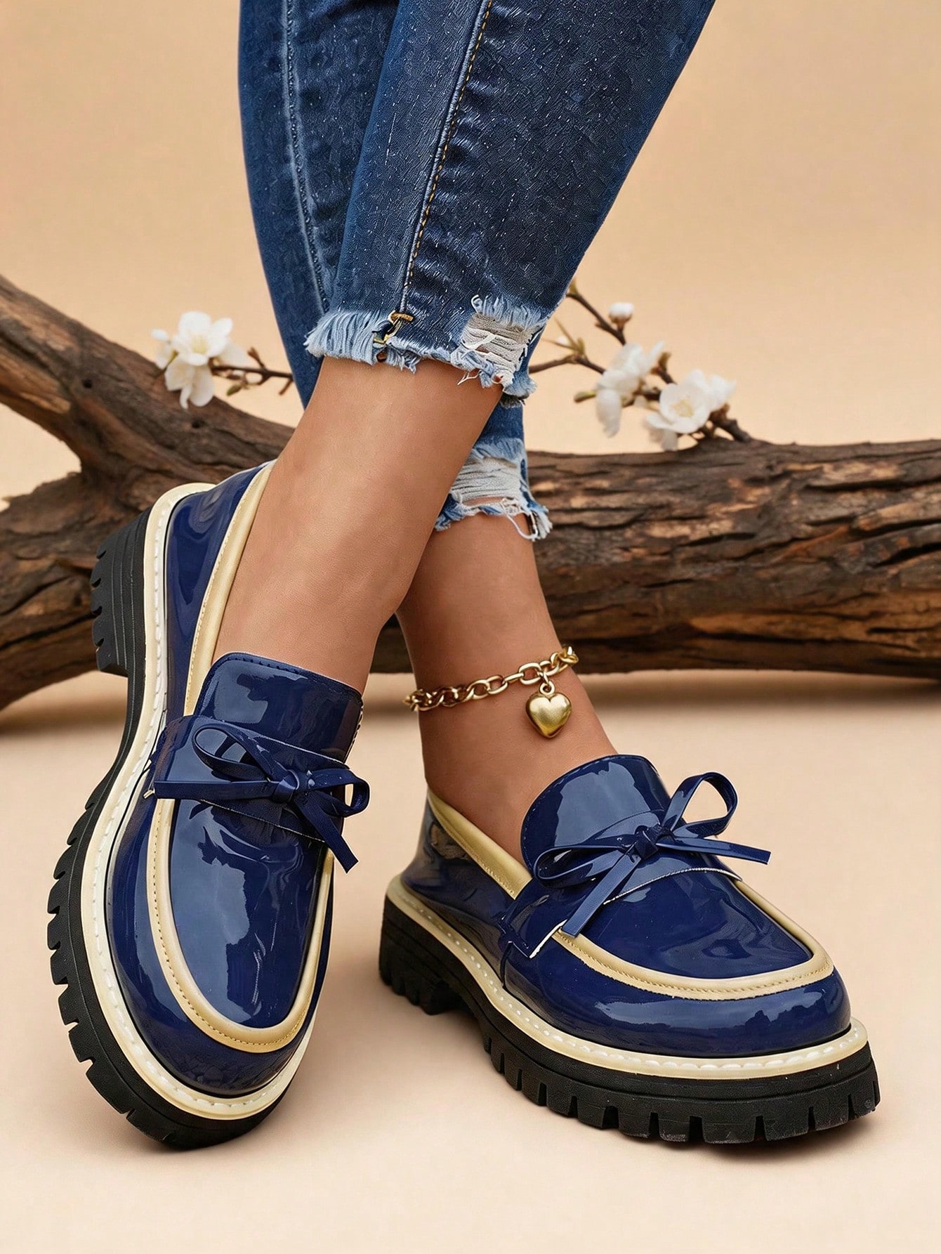 1 paire de mocassins pour femmes à semelle épaisse bicolore avec décoration de nœud bleu, — vue 6