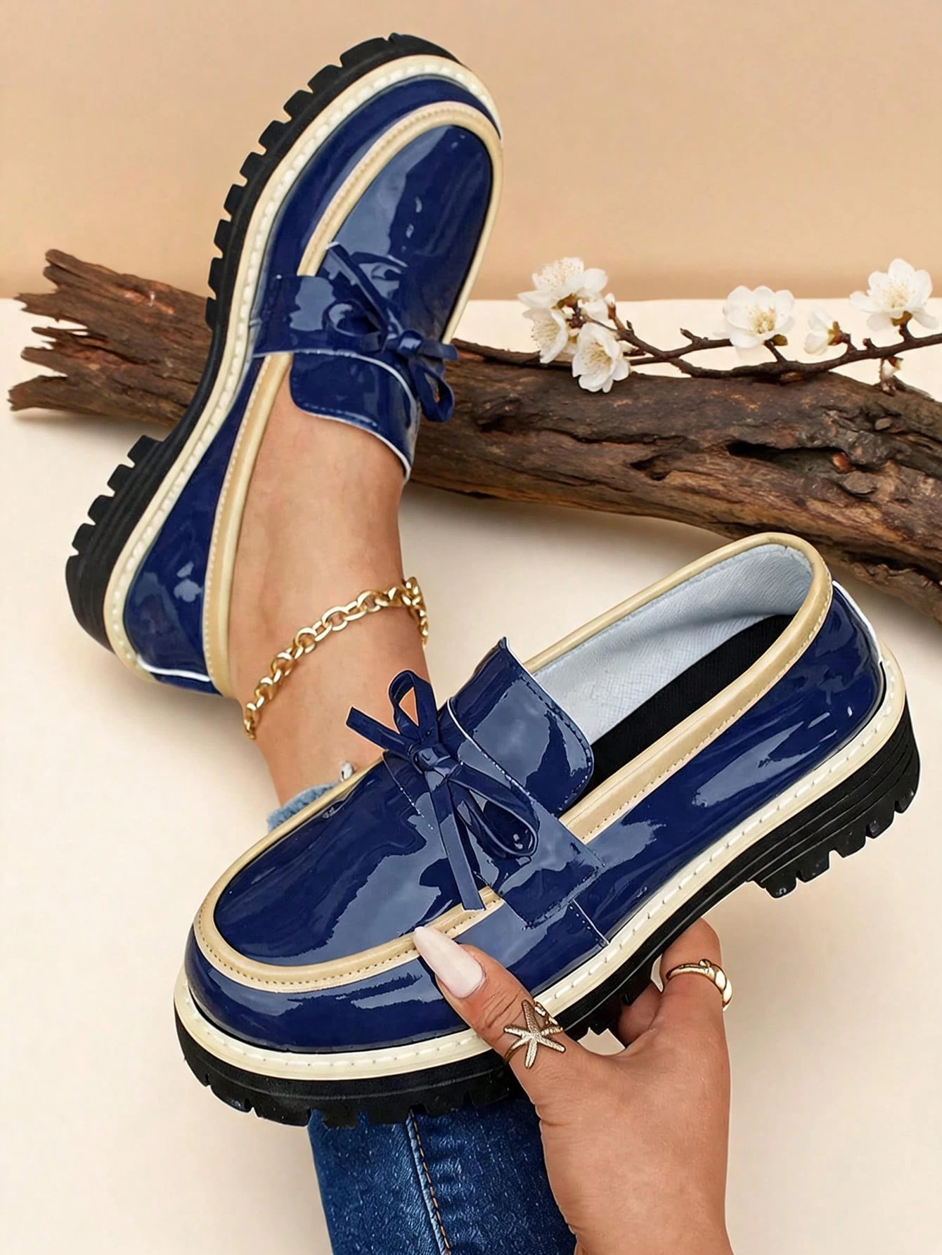 1 paire de mocassins pour femmes à semelle épaisse bicolore avec décoration de nœud bleu, — vue 5
