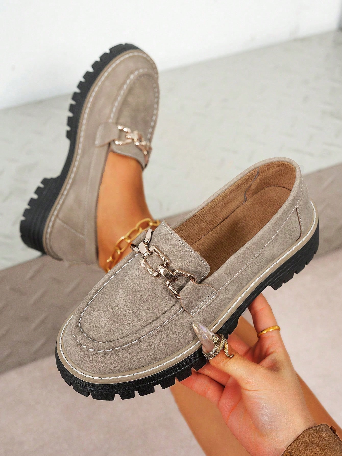 Mocassins à enfiler automne/hiver, nouvelle semelle épaisse, décoration boucle