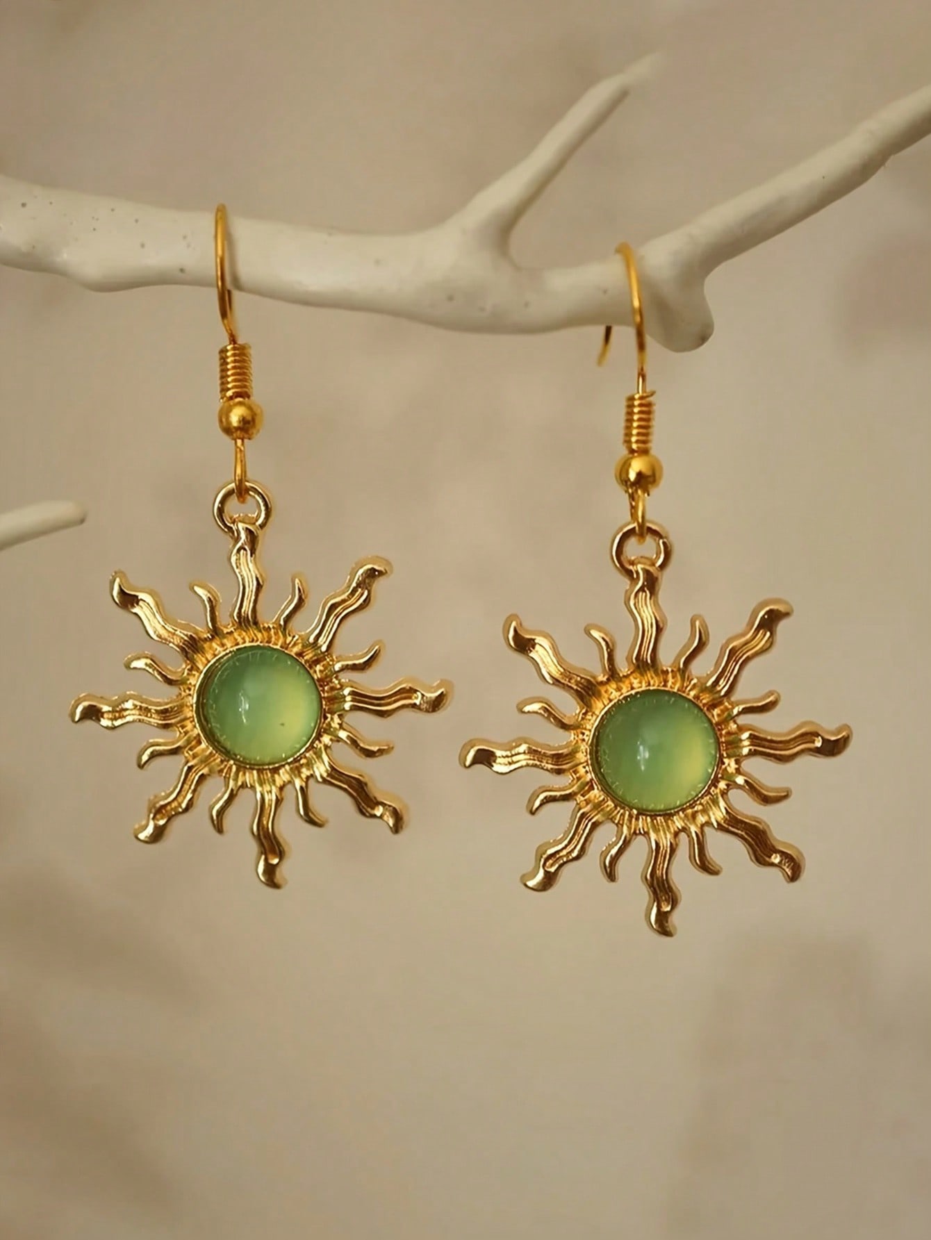 1 paire de boucles d'oreilles pendantes style bohème baroque en fausse jade plaquée or, — vue 12