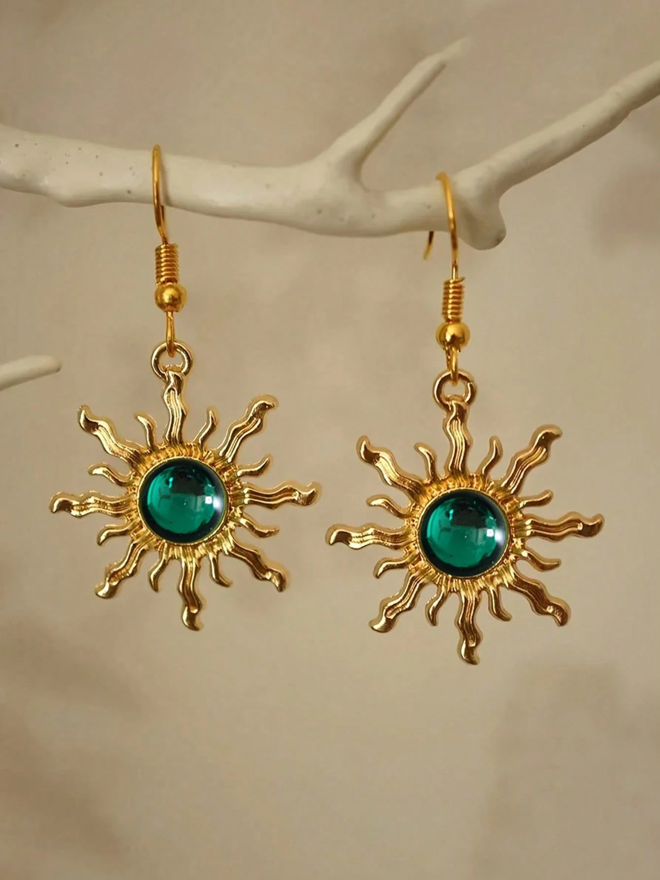1 paire de boucles d'oreilles pendantes style bohème baroque en fausse jade plaquée or, — vue 8