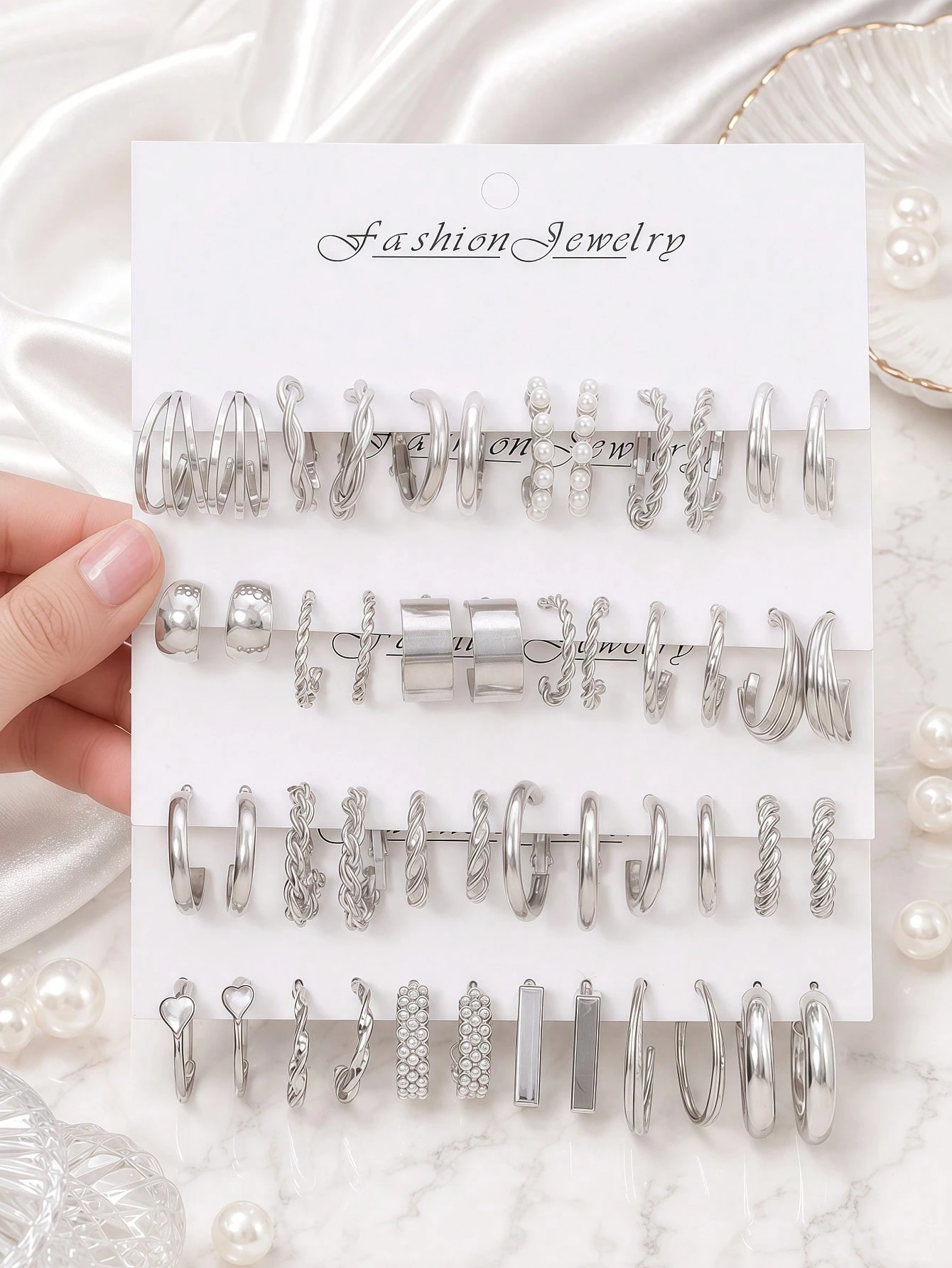12/48/60 pièces Ensemble de boucles d'oreilles argentées pour femmes - Boucles d'oreilles — vue 4