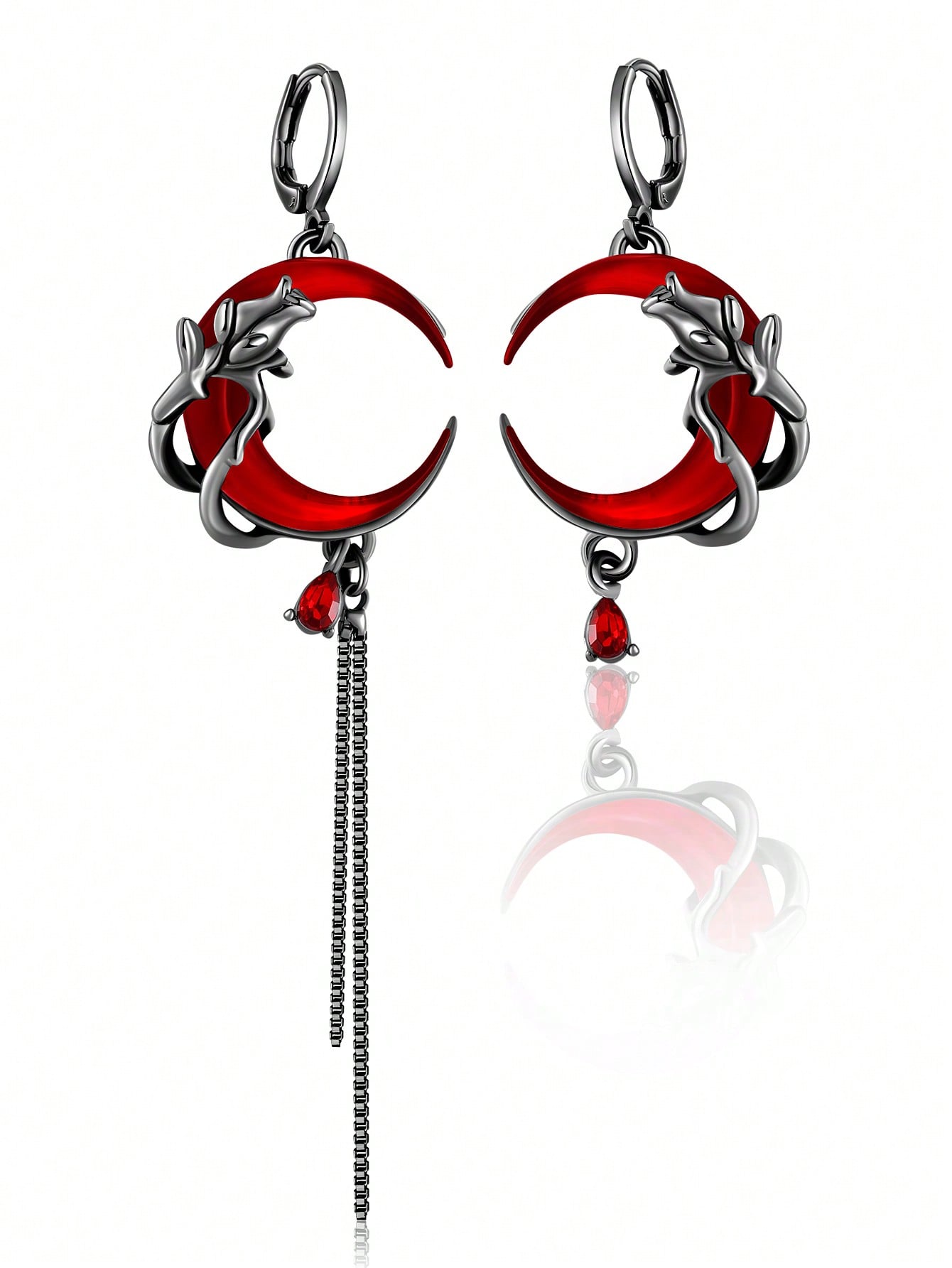1 paire de boucles d'oreilles asymétriques en forme de croissant de lune rouge foncé, — vue 2