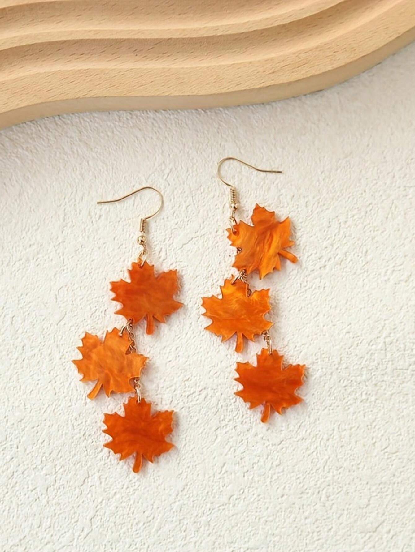 1 paire Boucles d'oreilles acryliques style automne en forme de feuille d'érable longue,