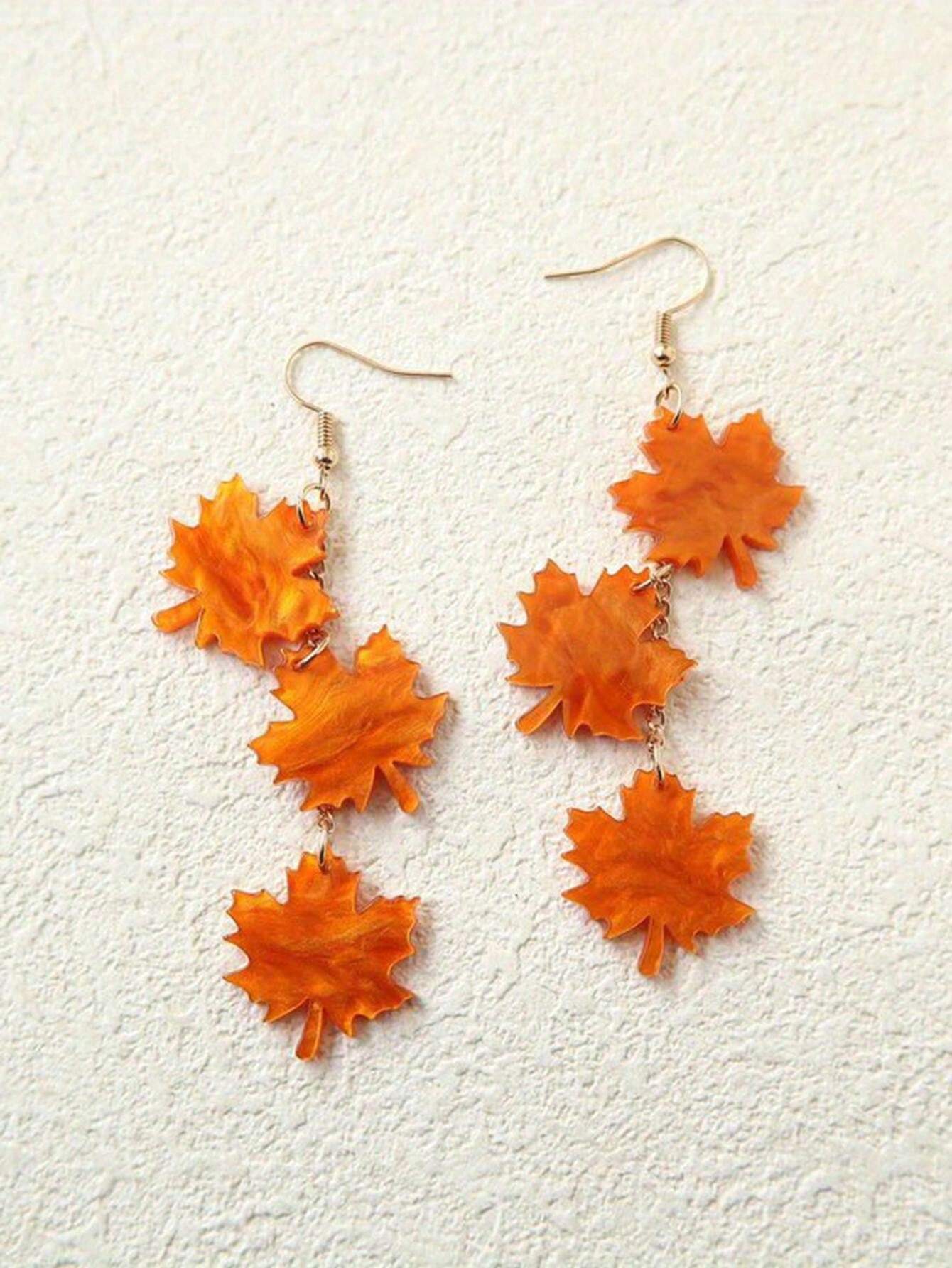 1 paire Boucles d'oreilles acryliques style automne en forme de feuille d'érable longue, — vue 3