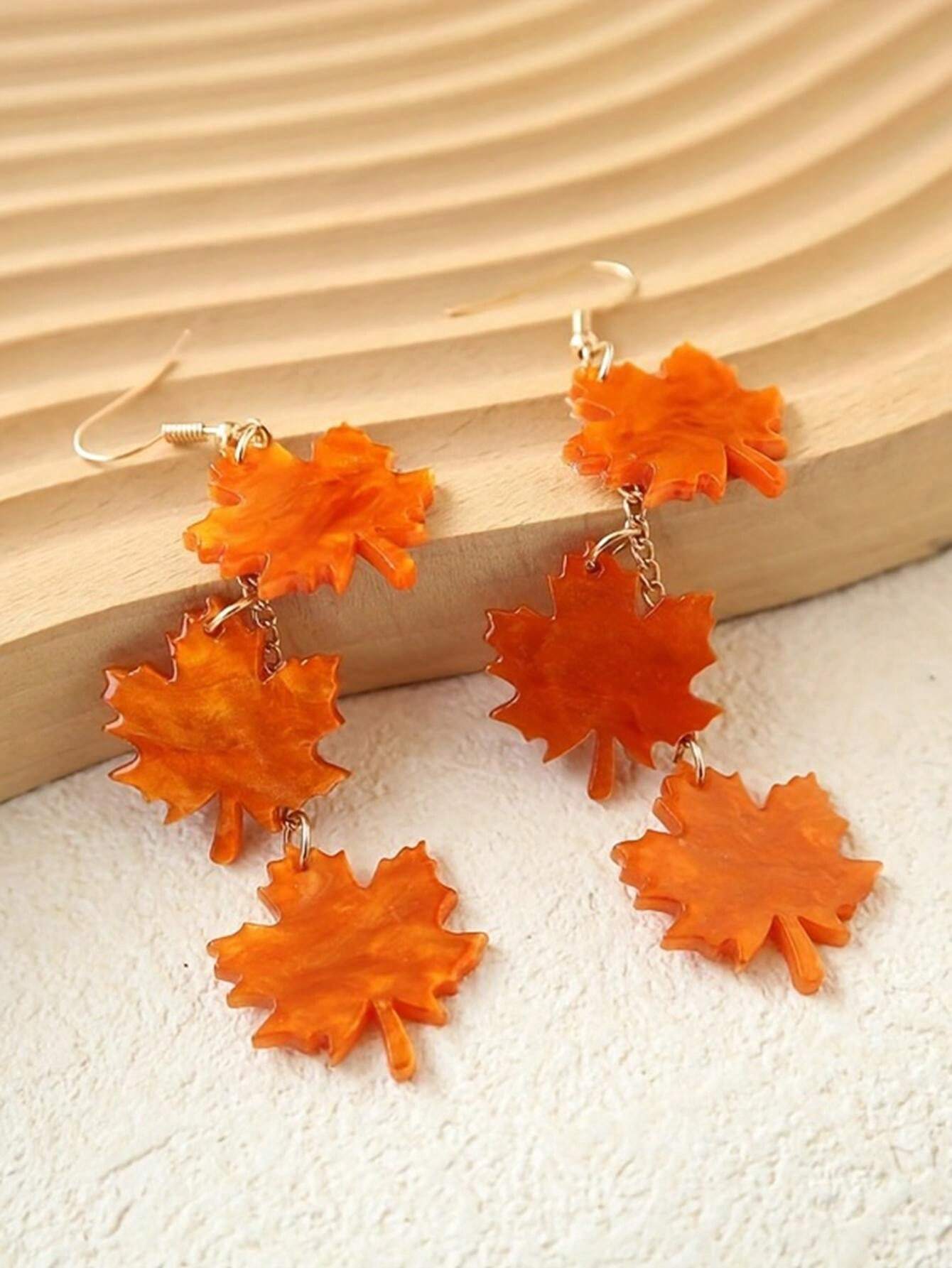 1 paire Boucles d'oreilles acryliques style automne en forme de feuille d'érable longue, — vue 4