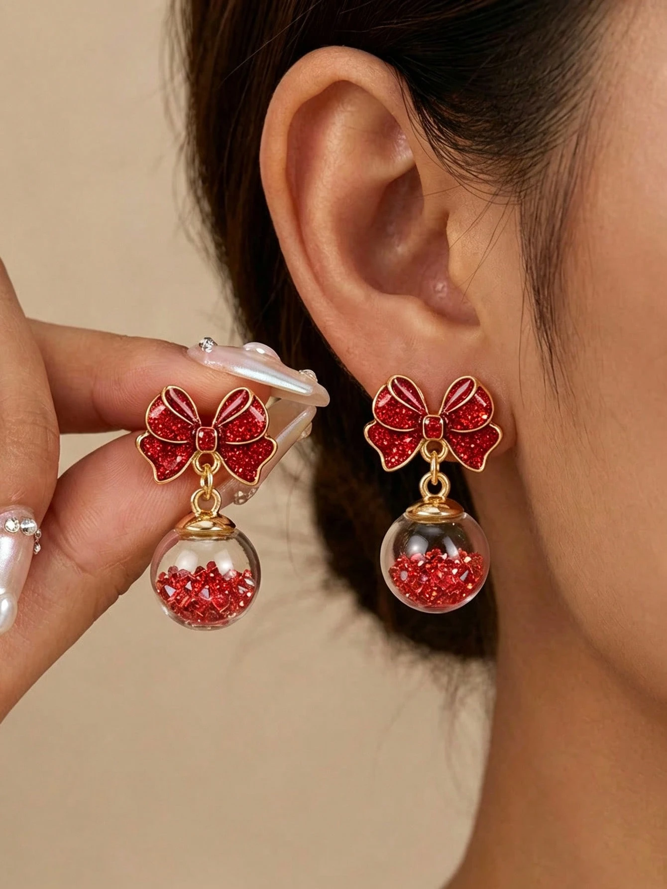 1 paire de boucles d'oreilles pendantes avec fleur de Noël et Père Noël à gland, cadeau — vue 2