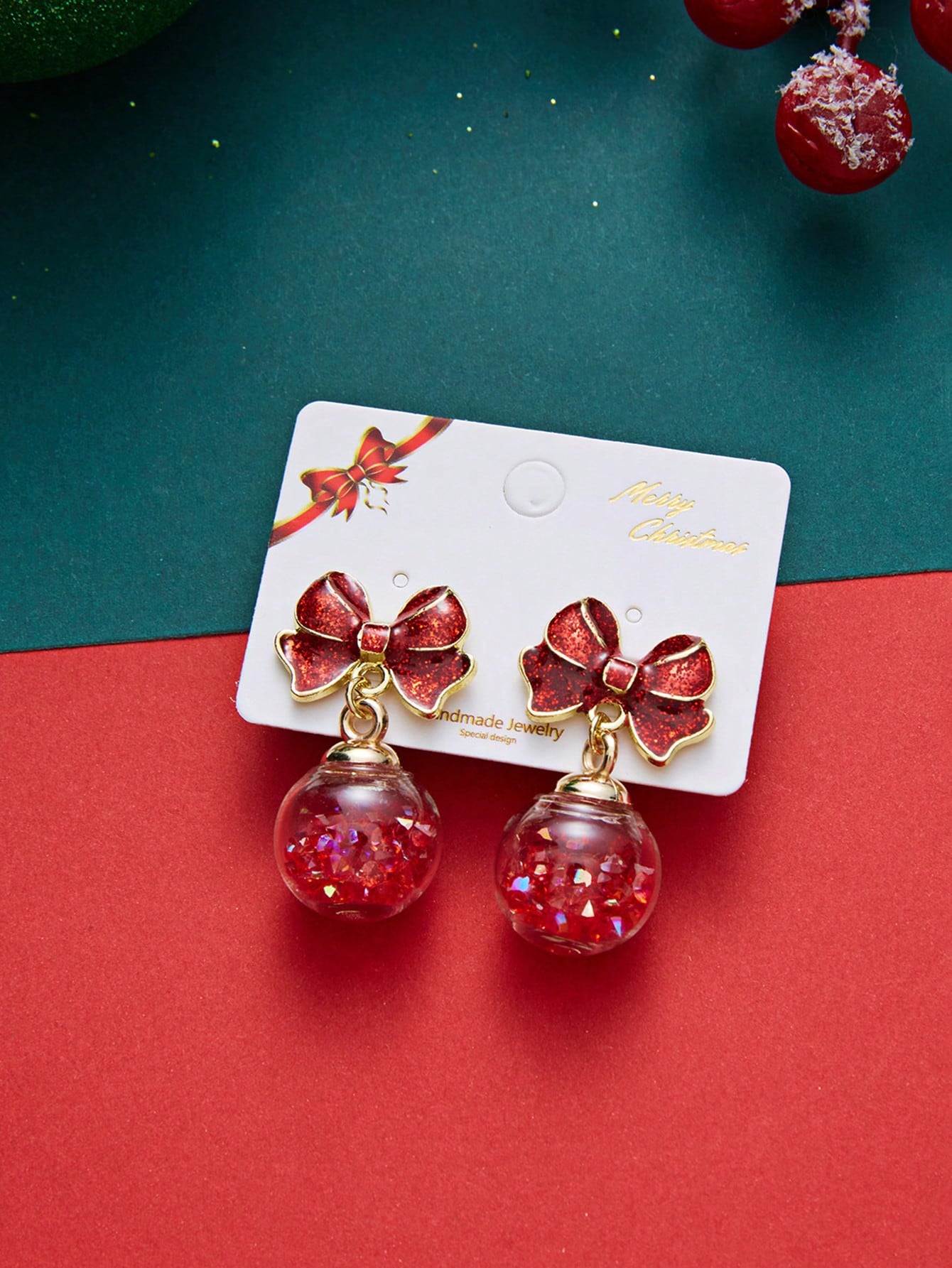 1 paire de boucles d'oreilles pendantes avec fleur de Noël et Père Noël à gland, cadeau — vue 8