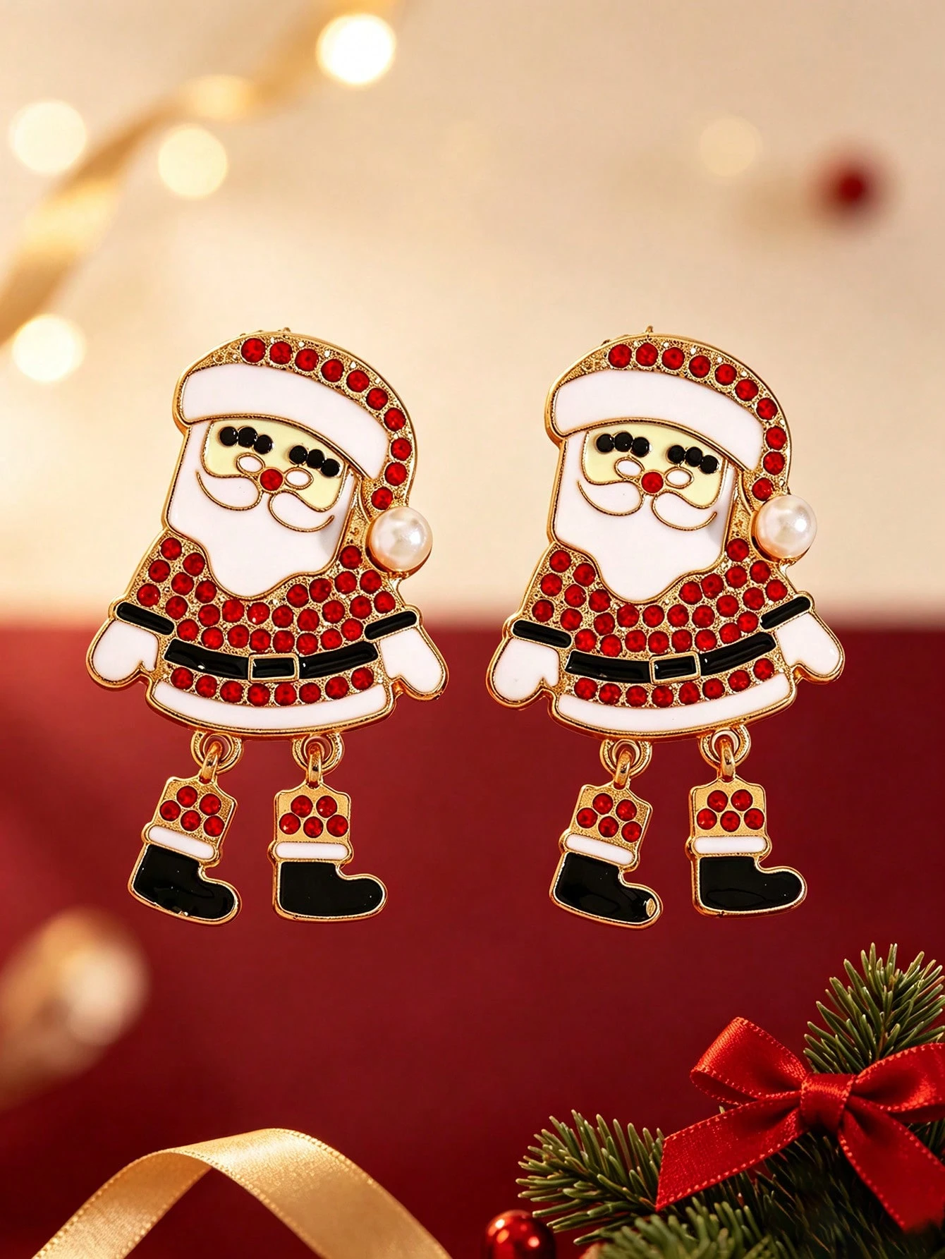 1 paire de boucles d'oreilles pendantes avec fleur de Noël et Père Noël à gland, cadeau — vue 12
