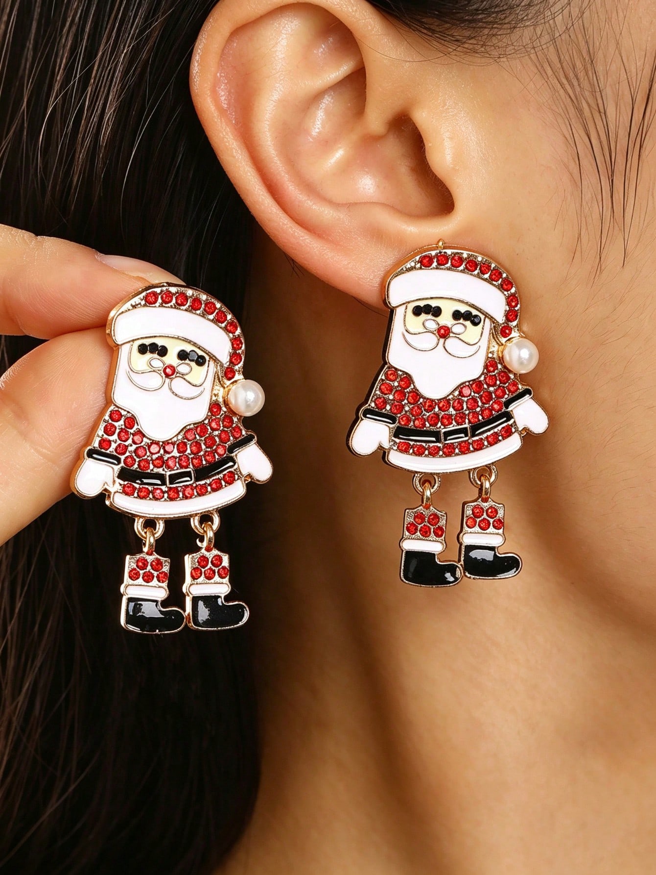 1 paire de boucles d'oreilles pendantes avec fleur de Noël et Père Noël à gland, cadeau — vue 10