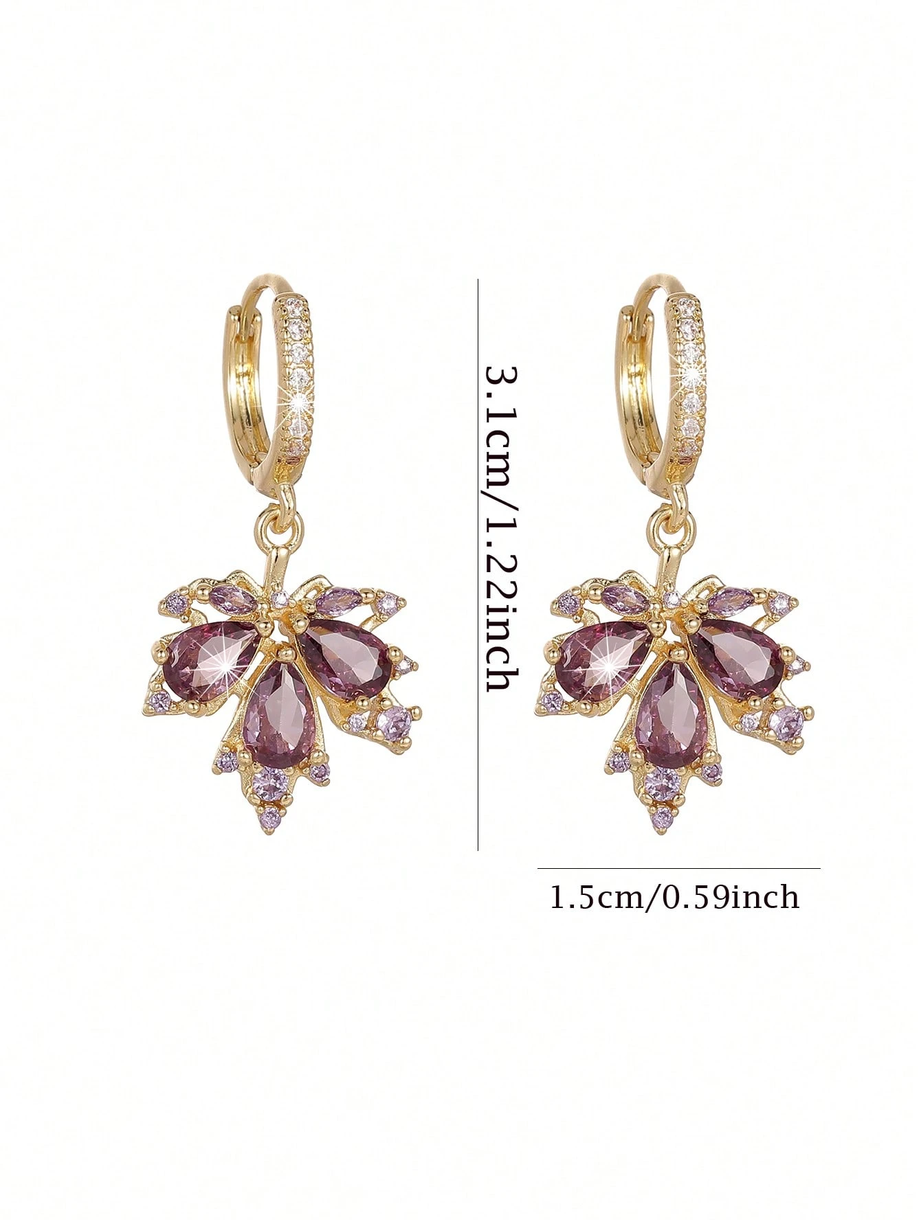 1 paire de boucles d'oreilles feuille d'érable en cuivre incrusté de zircone cubique, — vue 3
