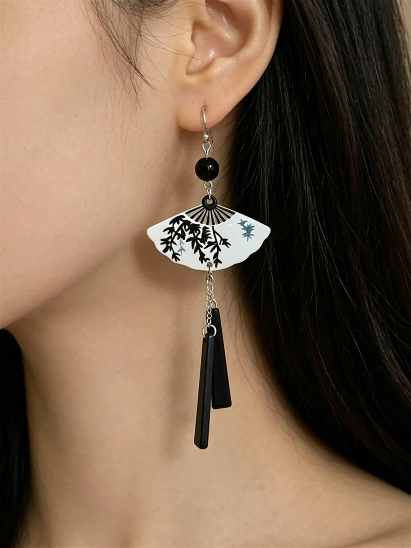 1 paire de boucles d'oreilles en forme d'éventail, argent chinois avec perle, design — vue 8