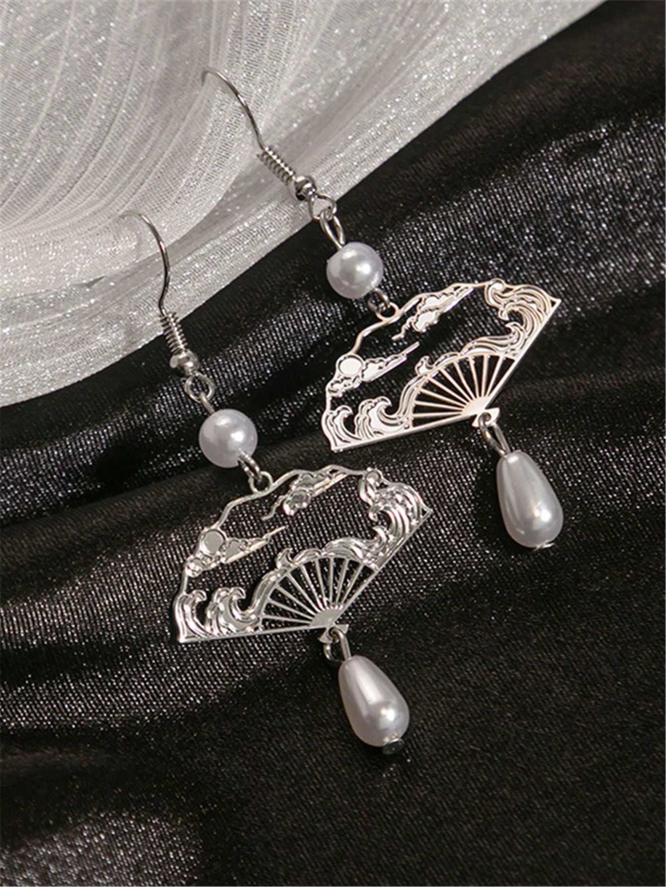 1 paire de boucles d'oreilles en forme d'éventail, argent chinois avec perle, design — vue 7