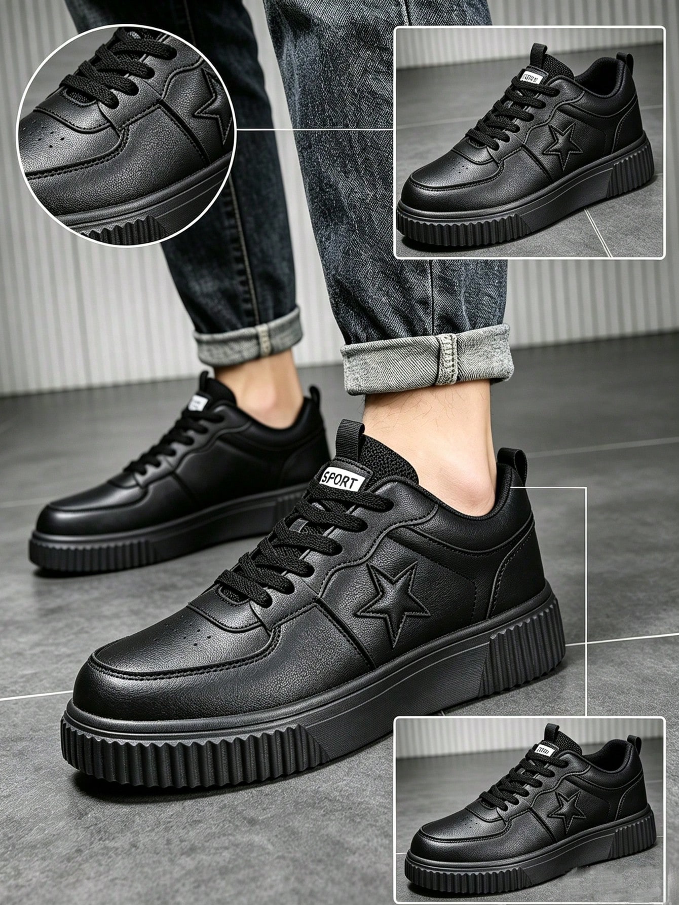 Chaussures de sport pour hommes, chaussures classiques en PU noir pur, baskets basses à — vue 5