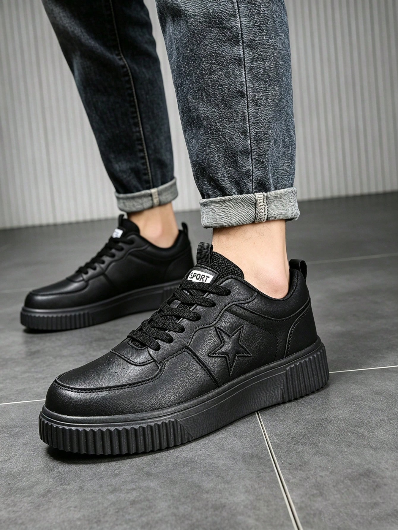Chaussures de sport pour hommes, chaussures classiques en PU noir pur, baskets basses à — vue 3