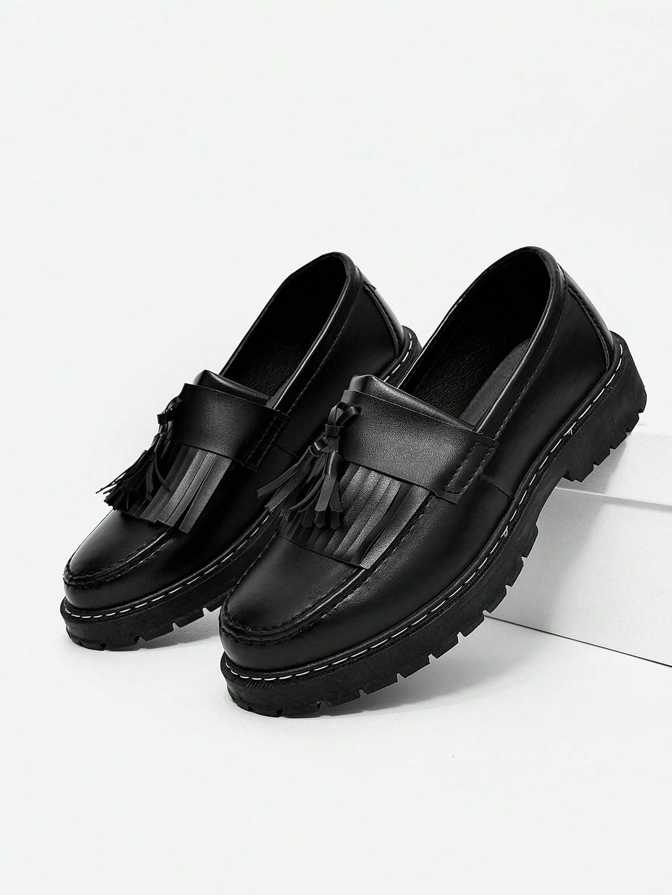 Chaussures noir épaisses à semelle épaisse pour hommes, augmentant la hauteur, mocassins