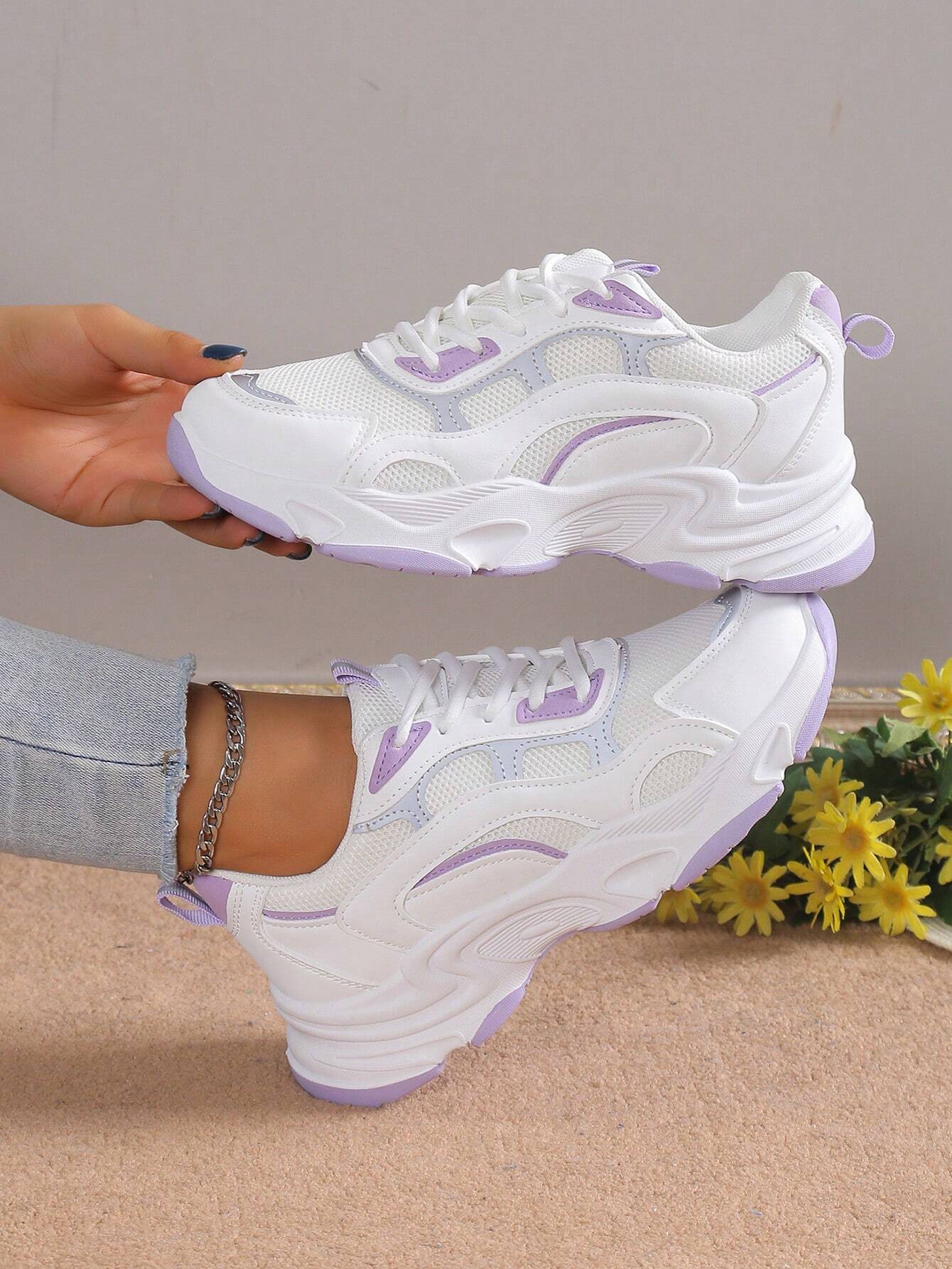 2025 Automne Femmes Chaussures de course à semelle épaisse, bout rond, lacets, blocs de — vue 2