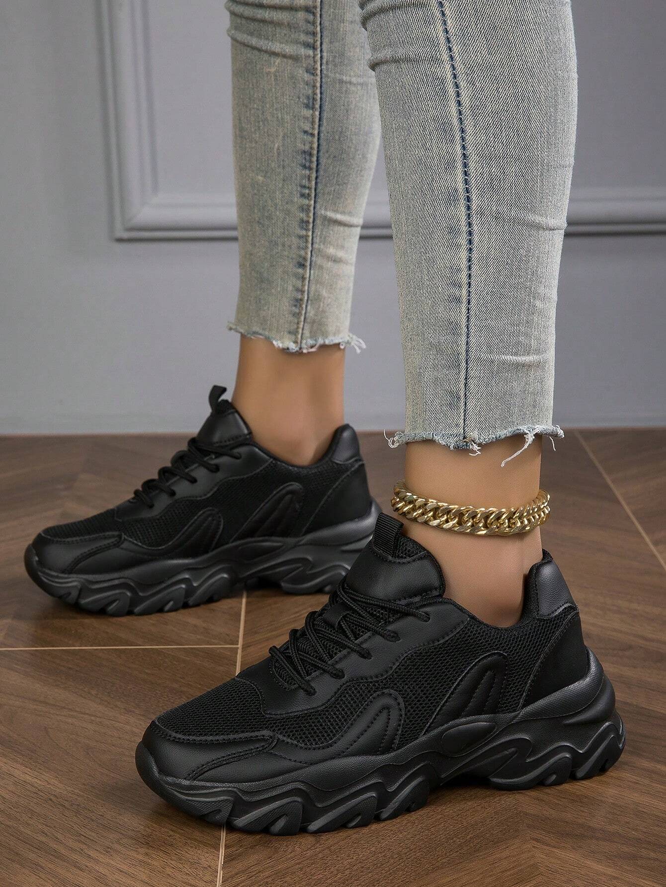 Nouvelle Arrivée Chaussures Épaisses Denses Noires, Chaussures De Marche Occasionnelles