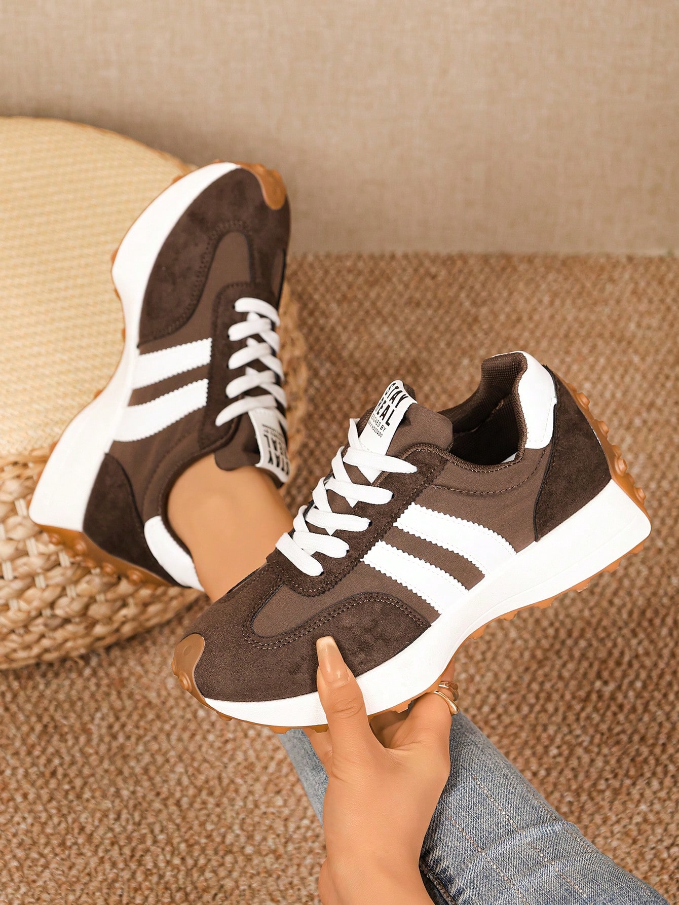 Chaussures de sport décontractées pour femmes PU, bout rond, lacets, patchwork bicolore, — vue 8
