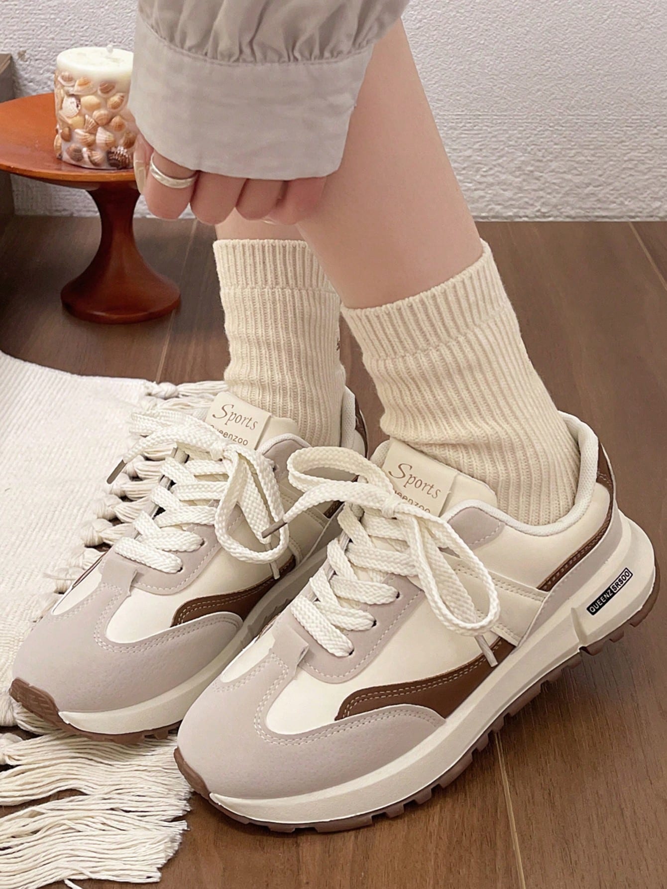 Chaussures de sport décontractées pour femmes PU, bout rond, lacets, patchwork bicolore, — vue 11
