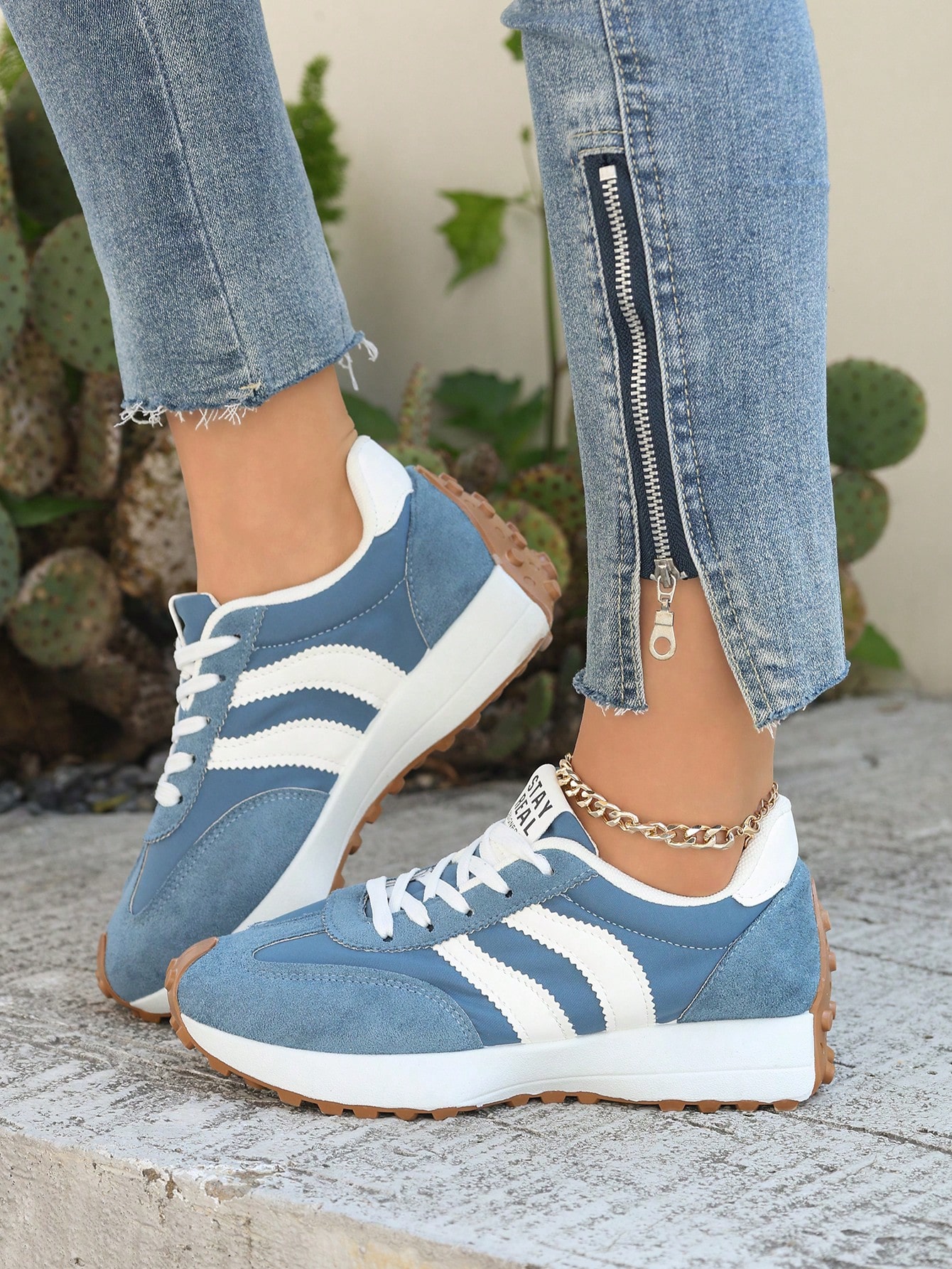 Chaussures de sport décontractées pour femmes PU, bout rond, lacets, patchwork bicolore, — vue 10