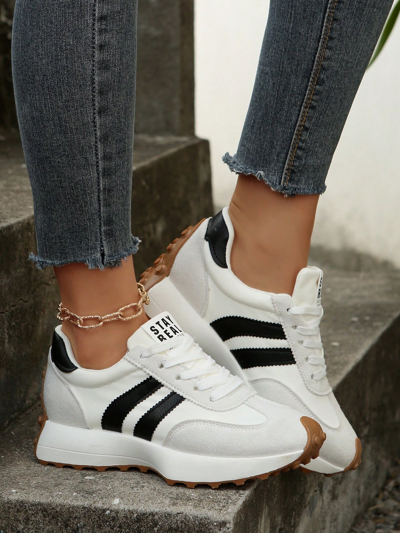 Chaussures de sport décontractées pour femmes PU, bout rond, lacets, patchwork bicolore, — vue 12