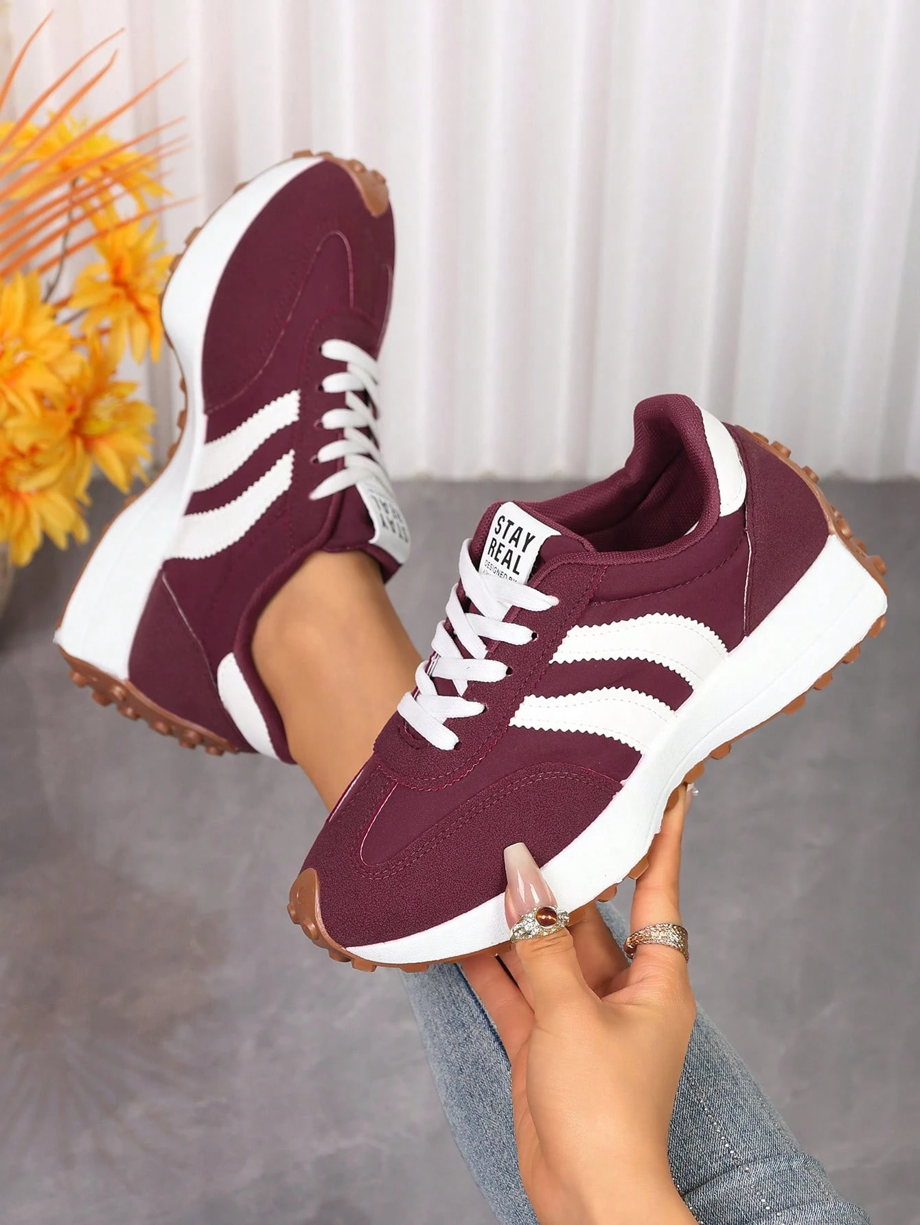 Chaussures de sport décontractées pour femmes PU, bout rond, lacets, patchwork bicolore, — vue 9