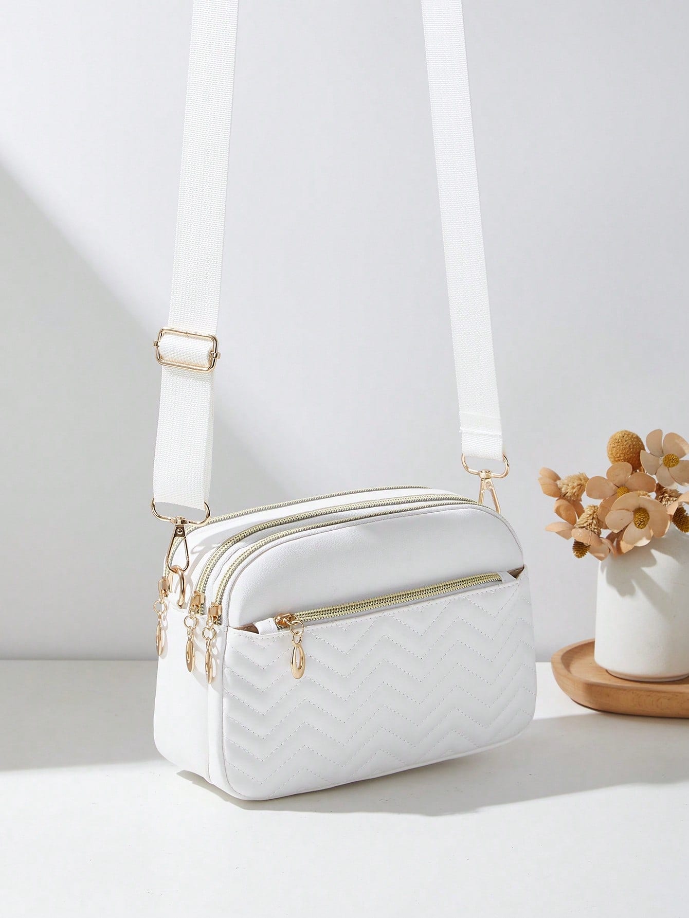 Sac bandoulière décontracté pour femme, design 4 fermetures éclair, couleur unie avec