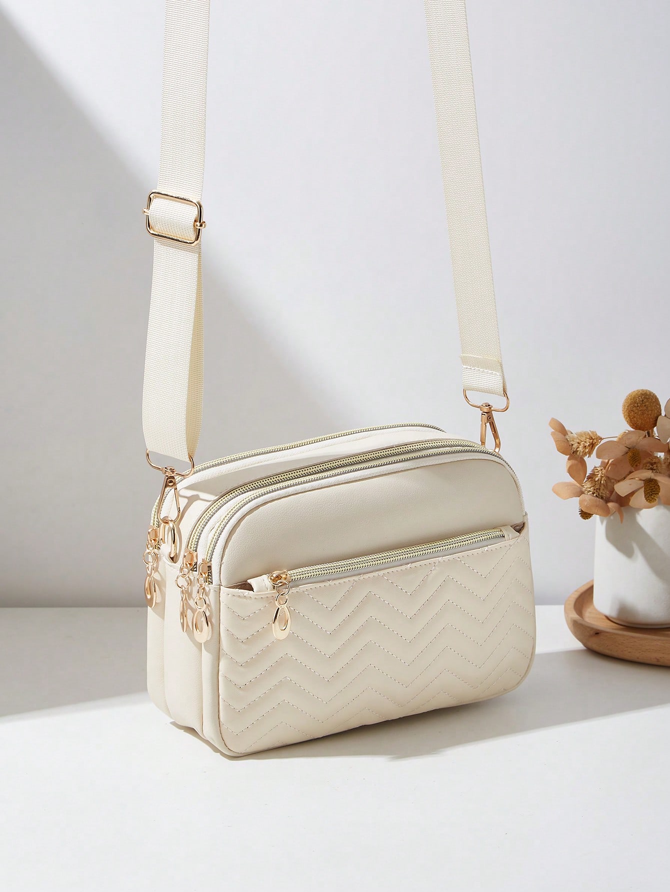 Sac bandoulière décontracté pour femme, design 4 fermetures éclair, couleur unie avec — vue 2