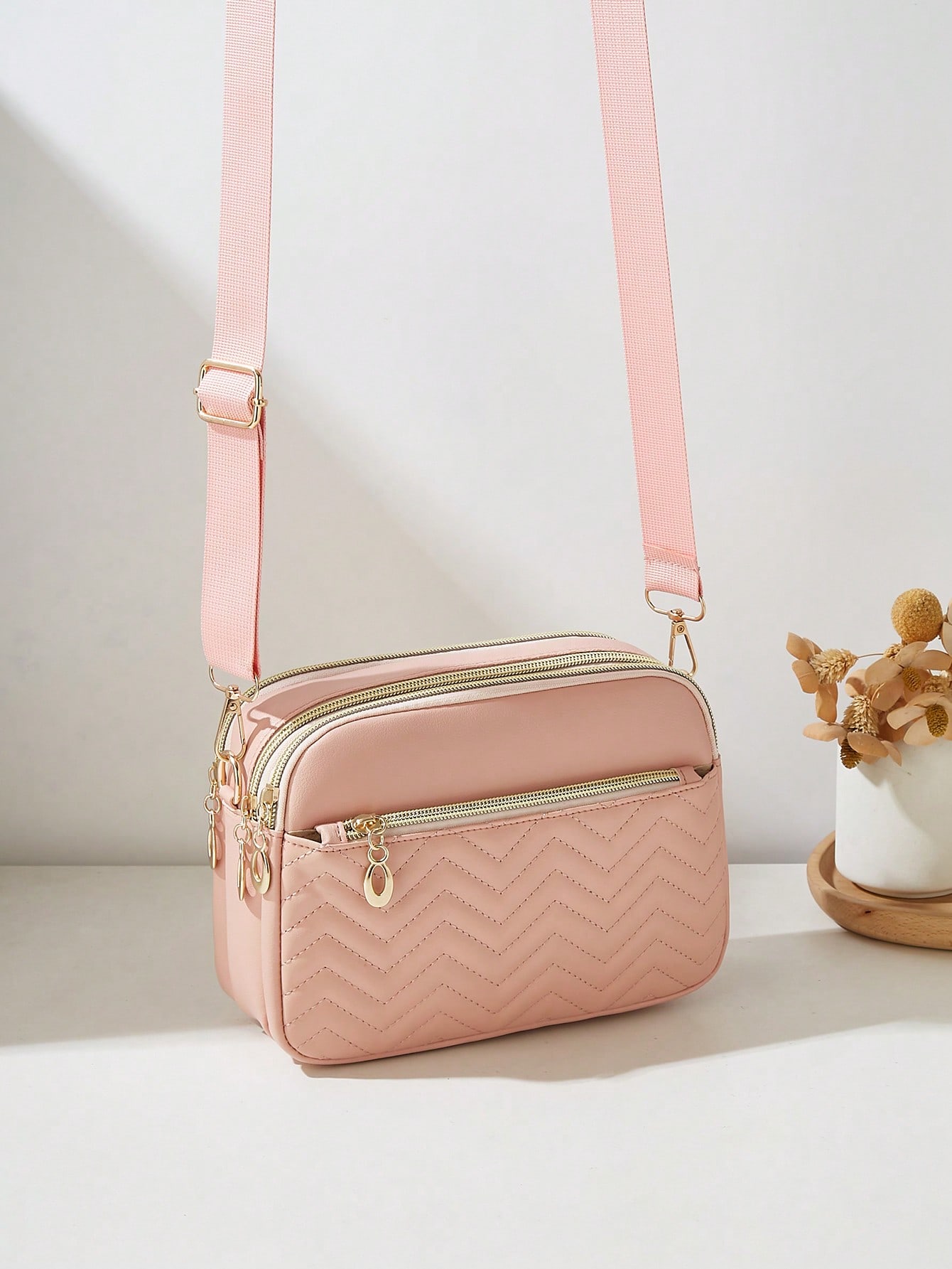 Sac bandoulière décontracté pour femme, design 4 fermetures éclair, couleur unie avec — vue 5