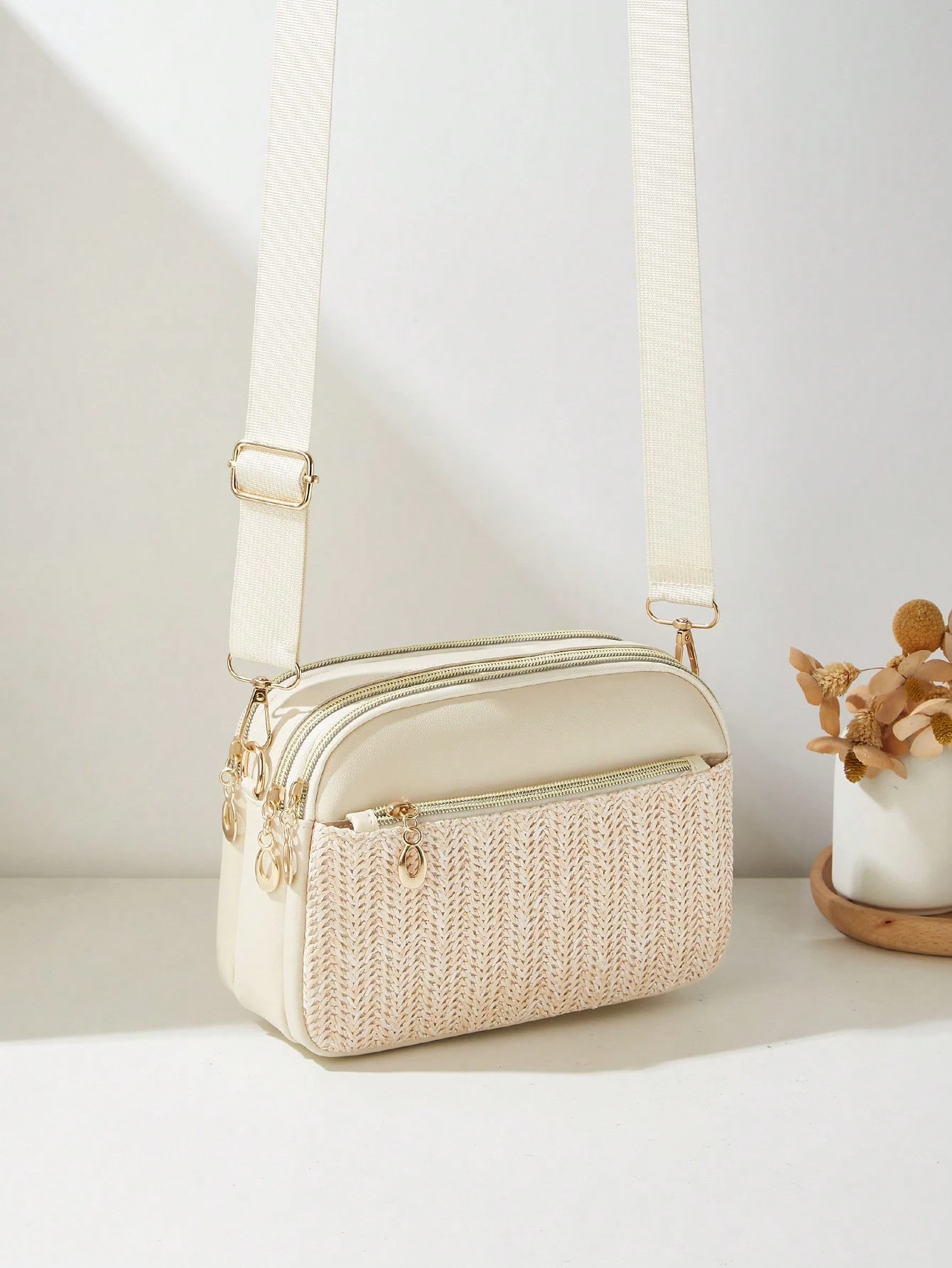 Sac bandoulière décontracté pour femme, design 4 fermetures éclair, couleur unie avec — vue 6