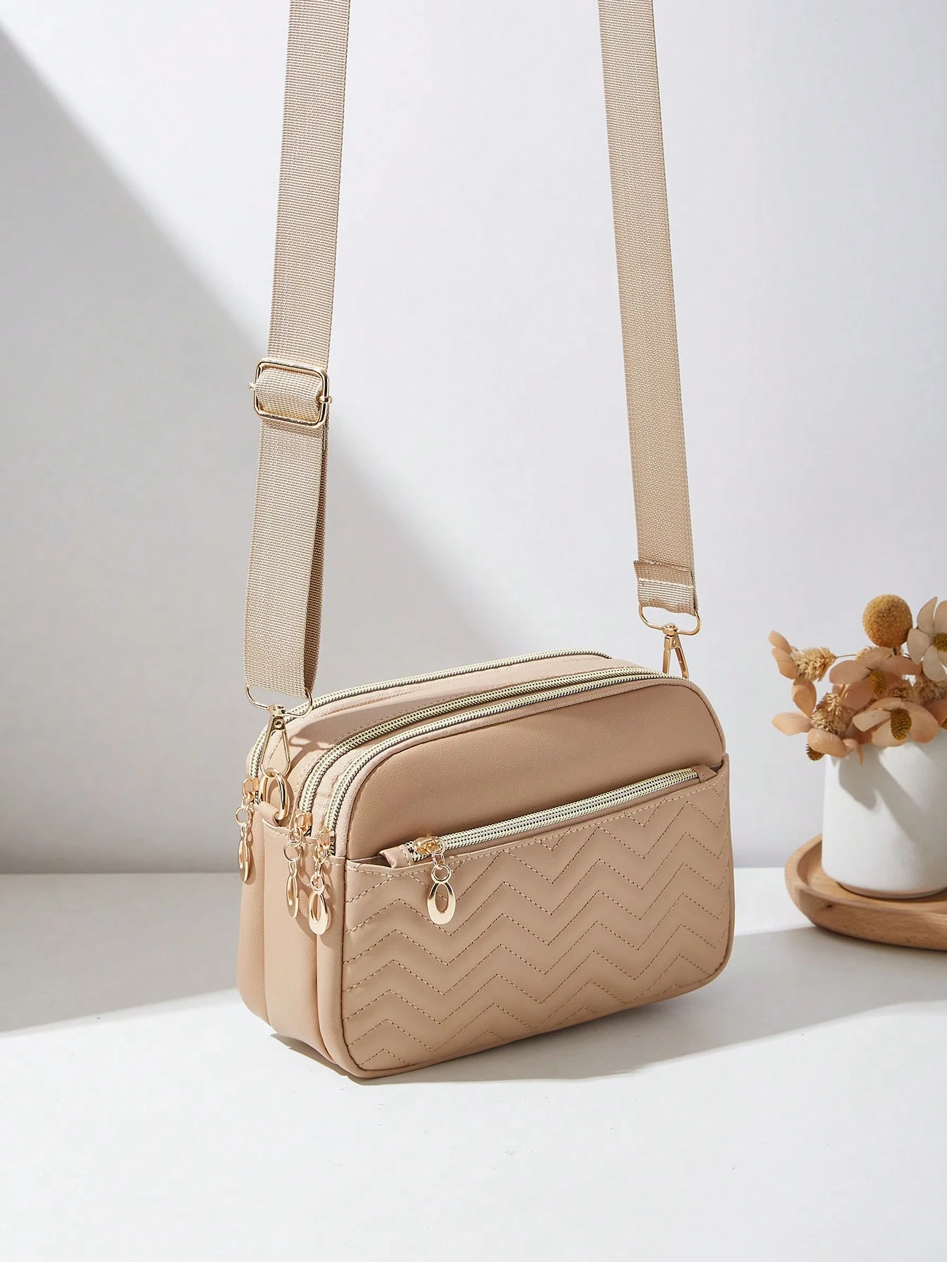 Sac bandoulière décontracté pour femme, design 4 fermetures éclair, couleur unie avec — vue 3
