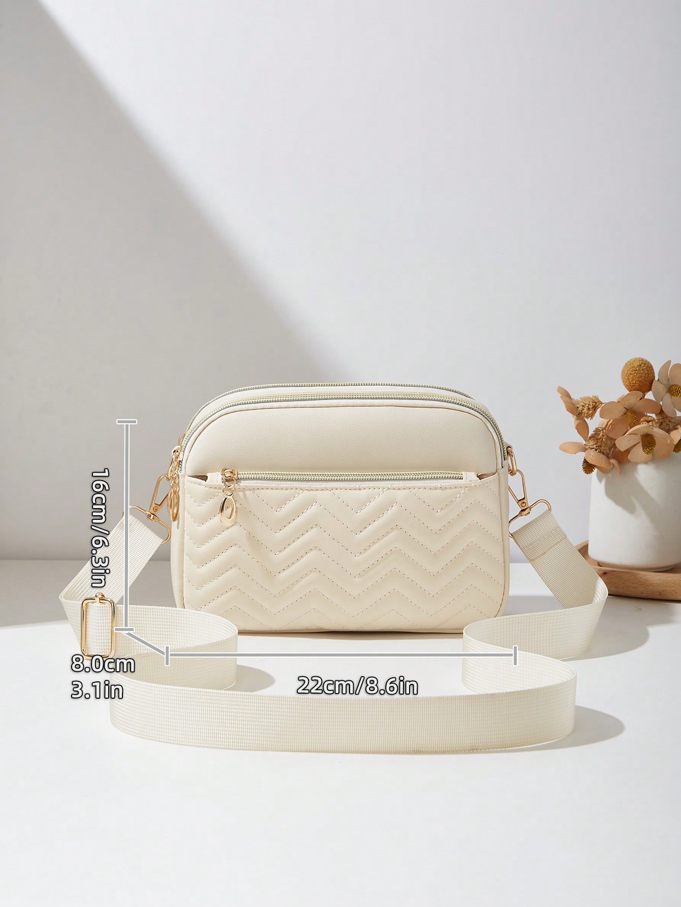 Sac bandoulière décontracté pour femme, design 4 fermetures éclair, couleur unie avec — vue 9