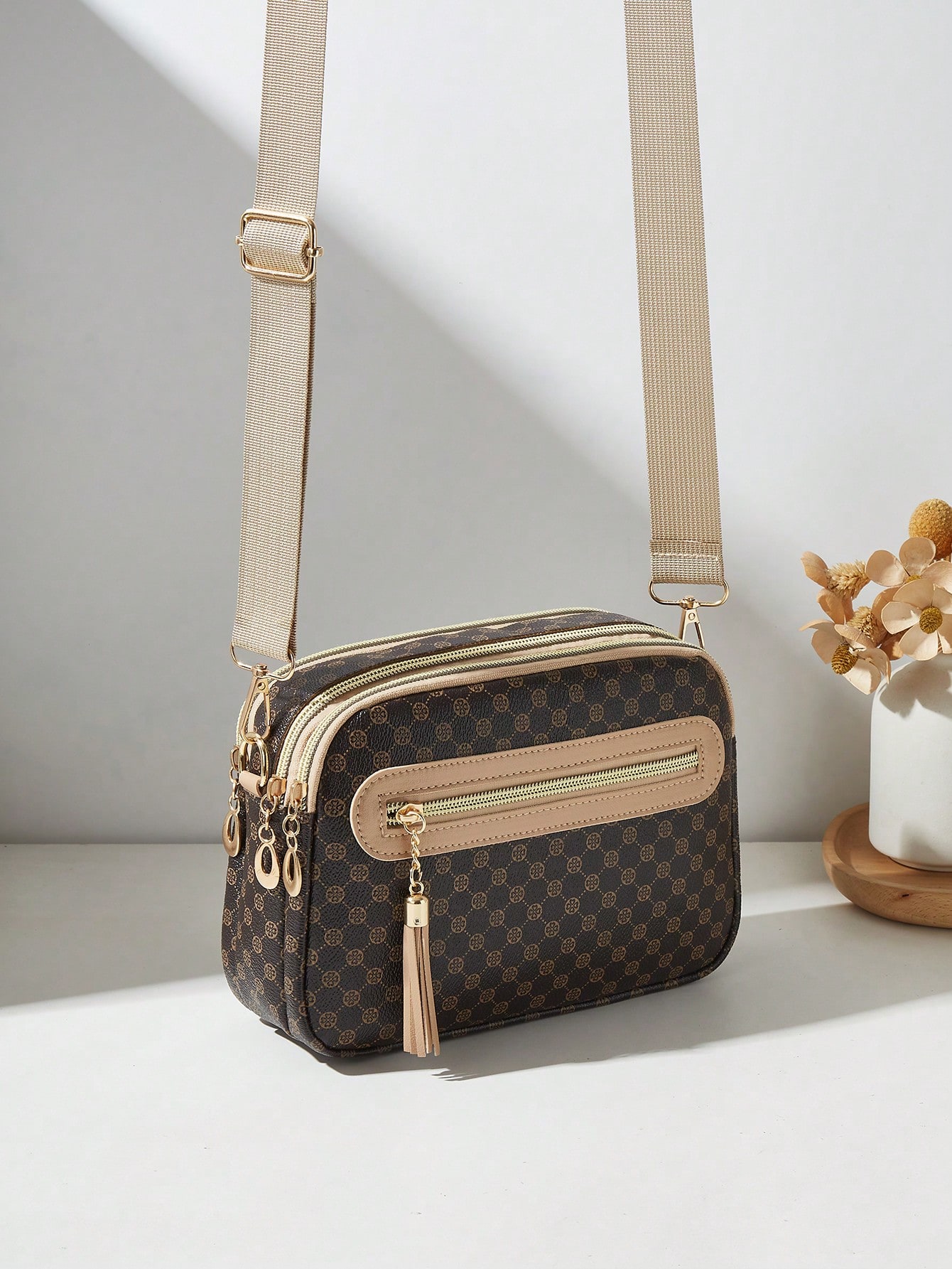 Sac bandoulière décontracté pour femme, design 4 fermetures éclair, couleur unie avec — vue 7
