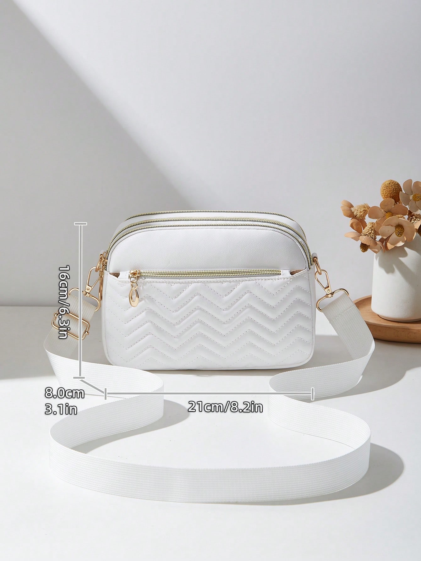 Sac bandoulière décontracté pour femme, design 4 fermetures éclair, couleur unie avec — vue 8