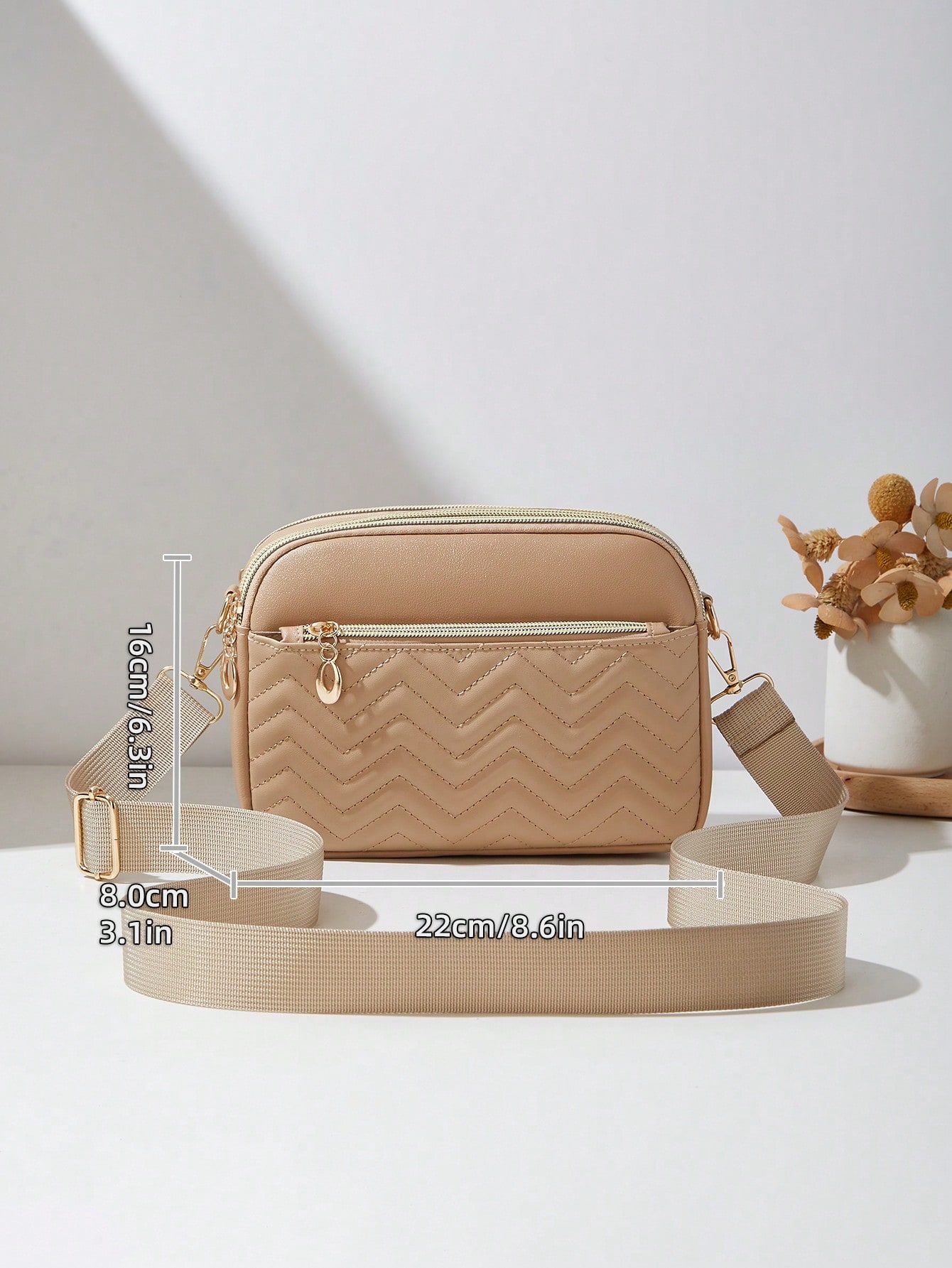 Sac bandoulière décontracté pour femme, design 4 fermetures éclair, couleur unie avec — vue 10