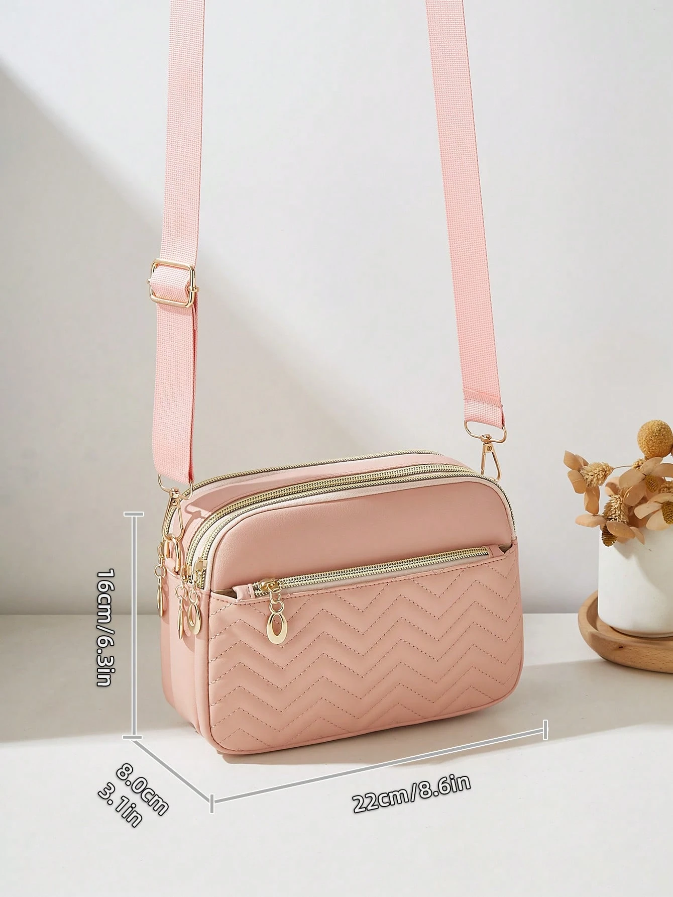 Sac bandoulière décontracté pour femme, design 4 fermetures éclair, couleur unie avec — vue 12