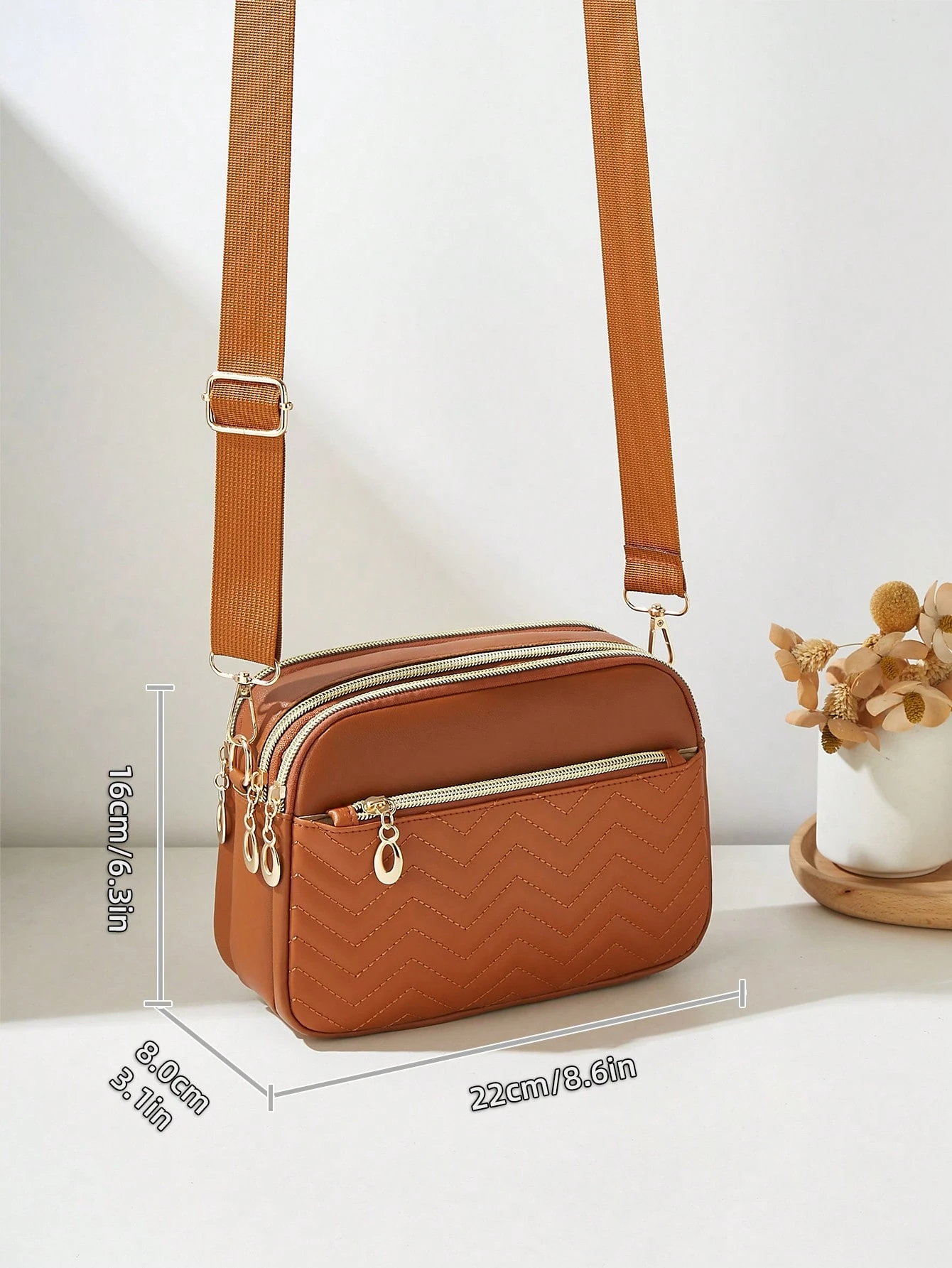 Sac bandoulière décontracté pour femme, design 4 fermetures éclair, couleur unie avec — vue 11