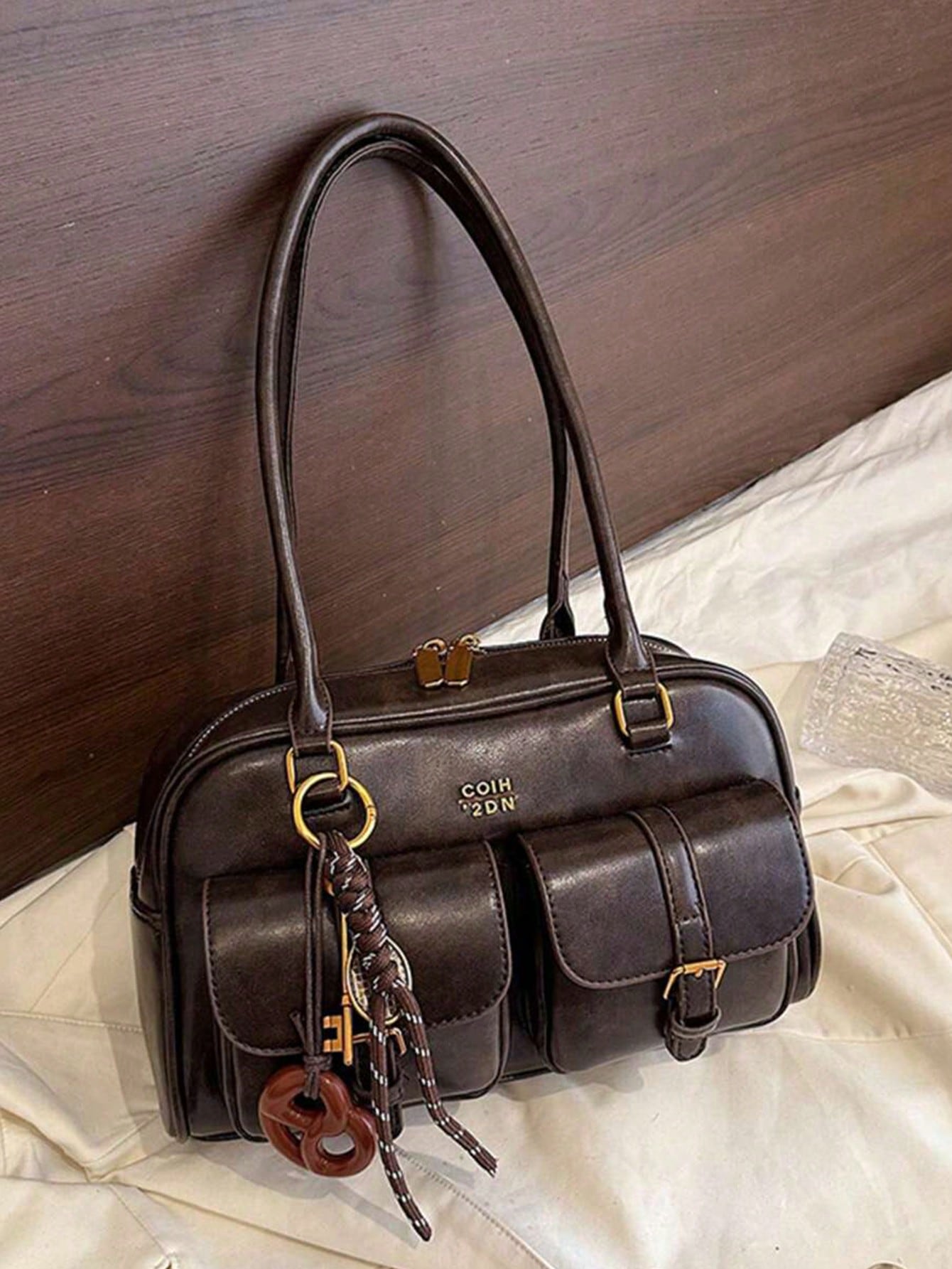 Sac à épaule en PU de couleur unie rétro pour femmes, design à plusieurs poches, grande — vue 2