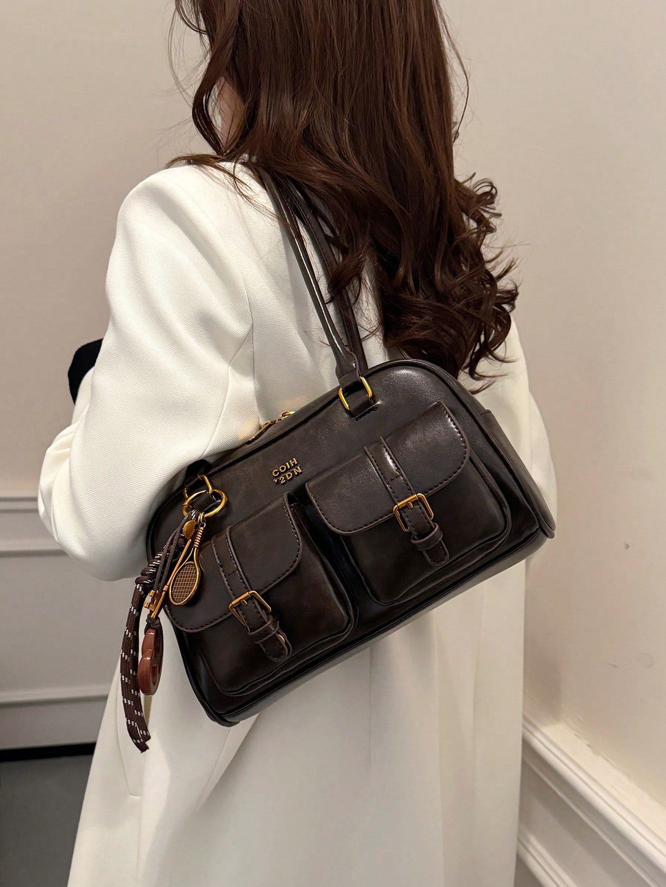 Sac à épaule en PU de couleur unie rétro pour femmes, design à plusieurs poches, grande