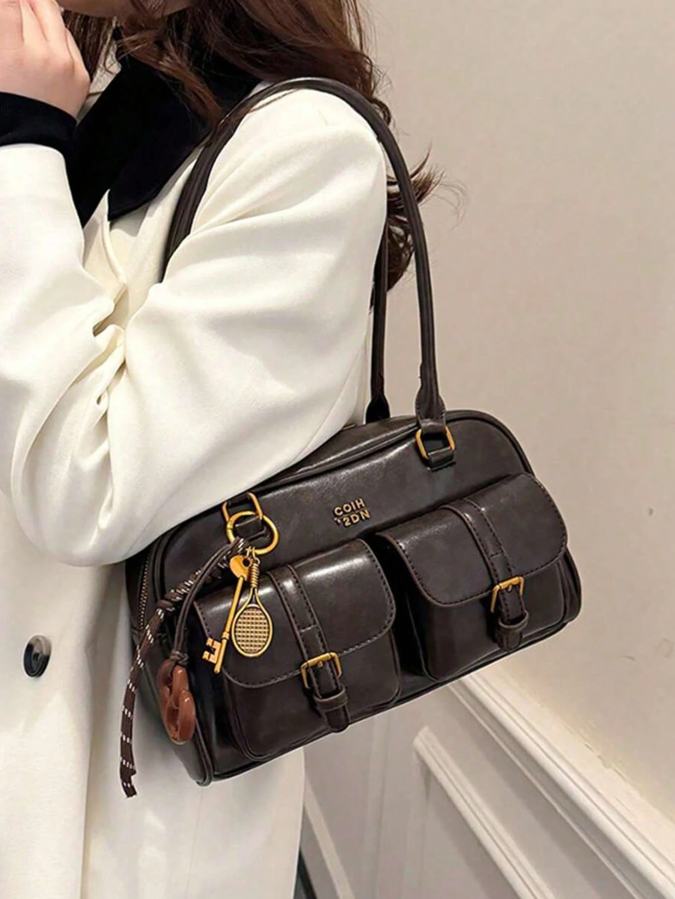 Sac à épaule en PU de couleur unie rétro pour femmes, design à plusieurs poches, grande — vue 3