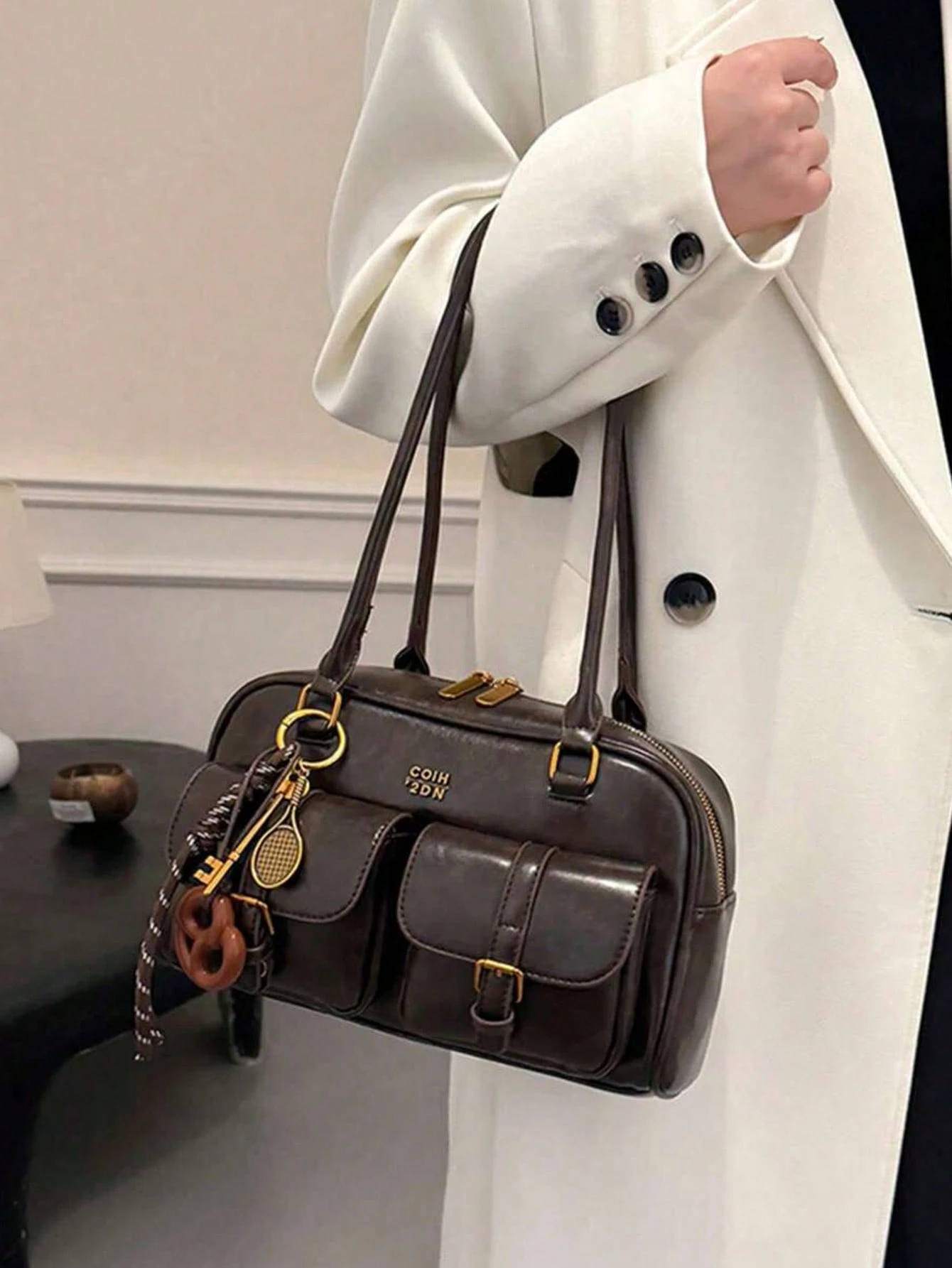 Sac à épaule en PU de couleur unie rétro pour femmes, design à plusieurs poches, grande — vue 6