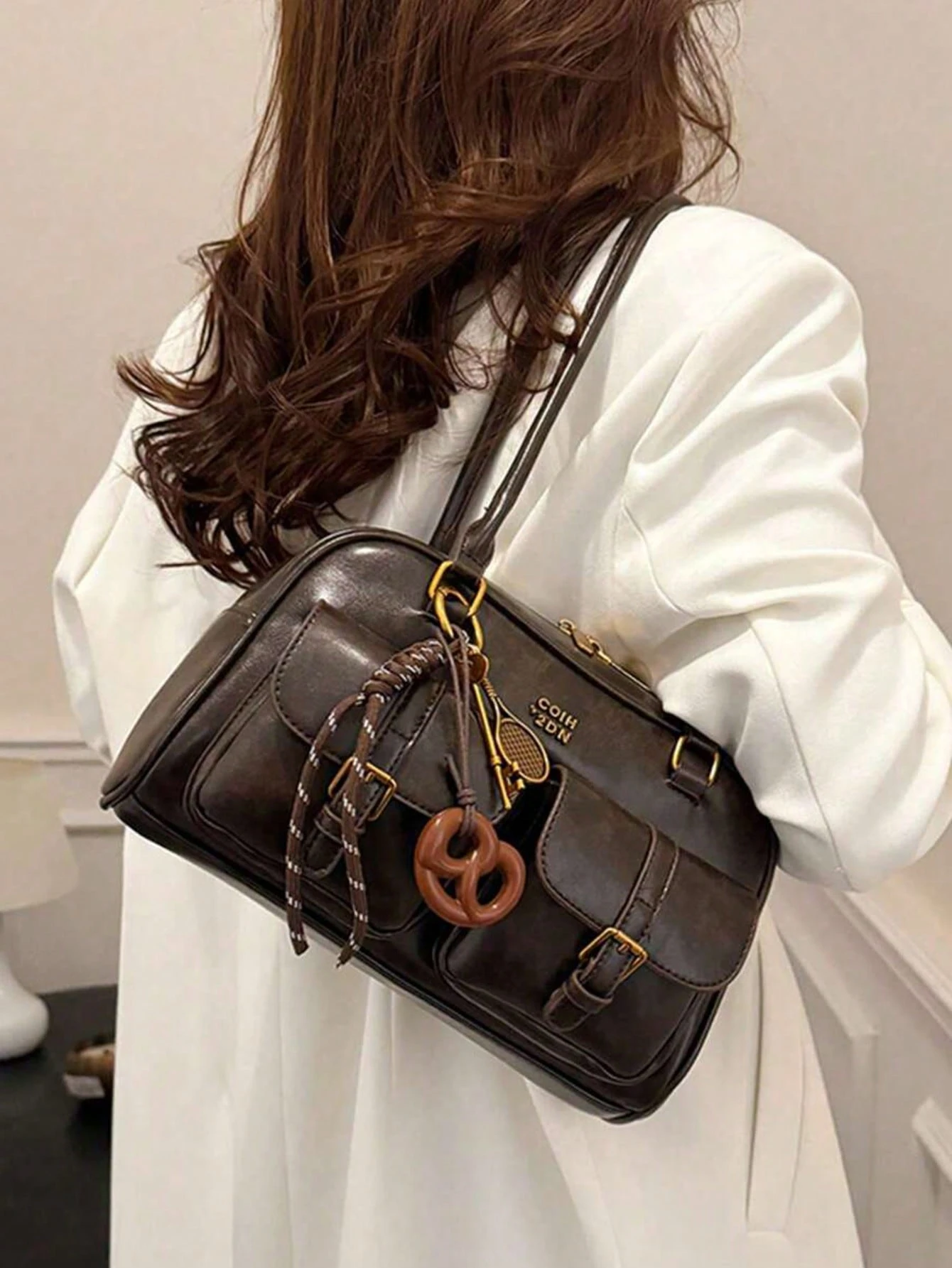 Sac à épaule en PU de couleur unie rétro pour femmes, design à plusieurs poches, grande — vue 4