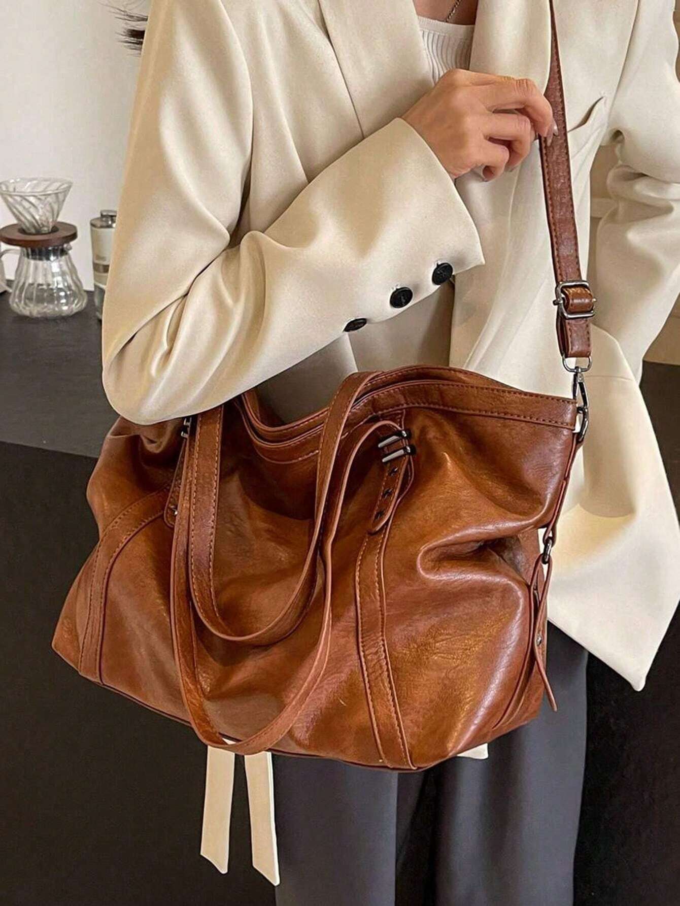 Sac à bandoulière et sac à main grande capacité en similicuir, style décontracté, adapté — vue 5