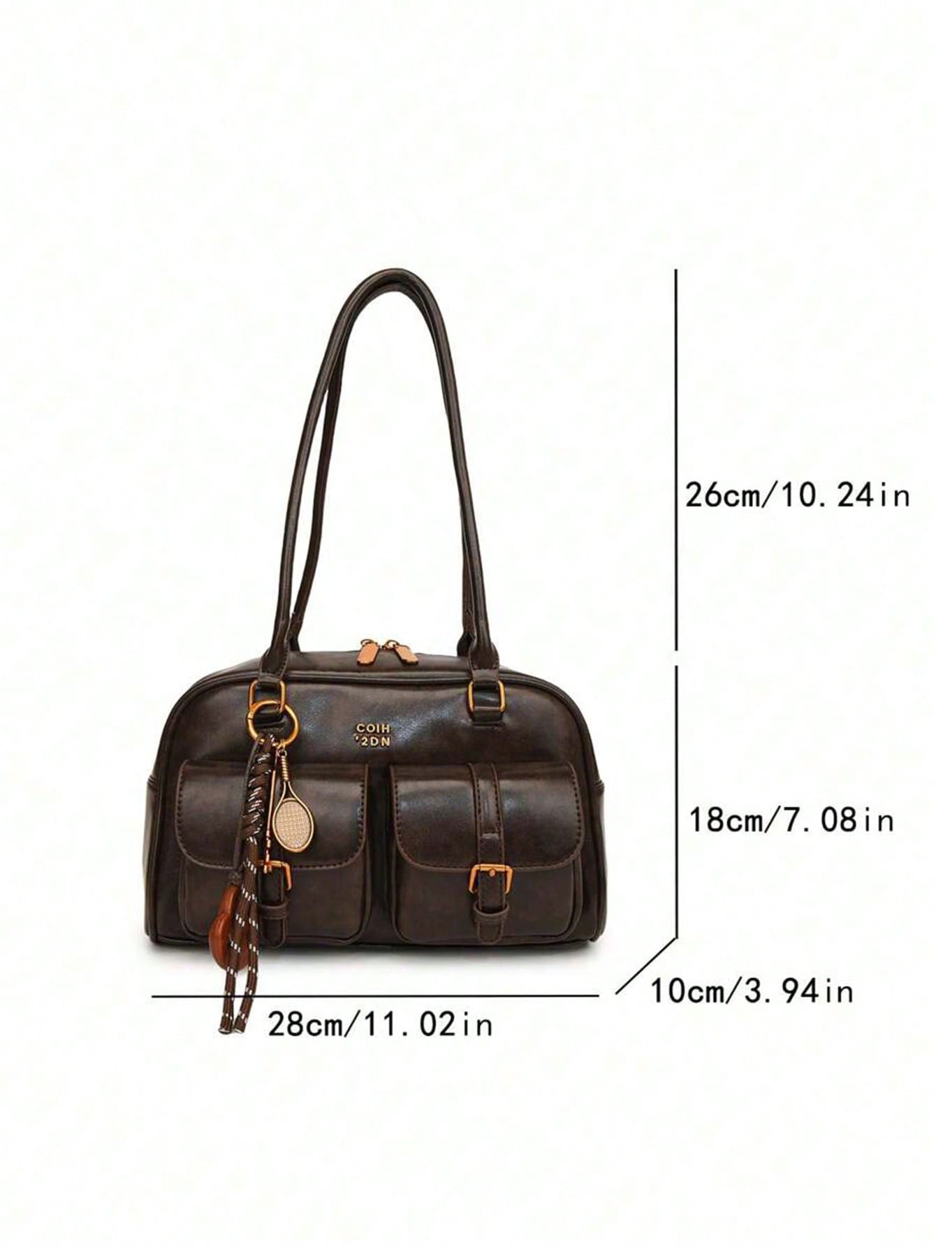 Sac à épaule en PU de couleur unie rétro pour femmes, design à plusieurs poches, grande — vue 7